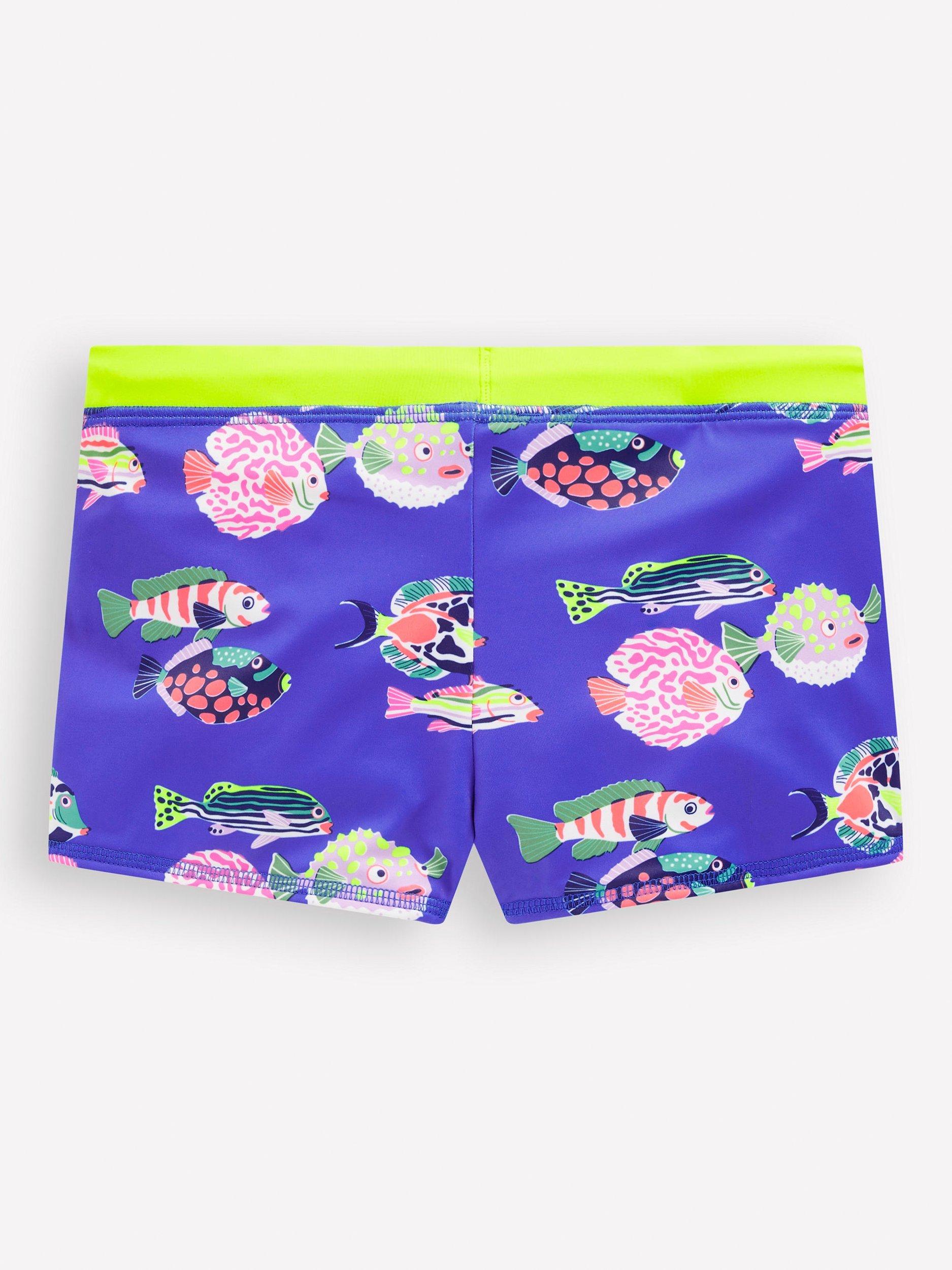 Product image 2 of 3, which shows Mini Boden Kids' Printed Drawstring Swim Trunks, Blue Heron Fish, 2-3 years
