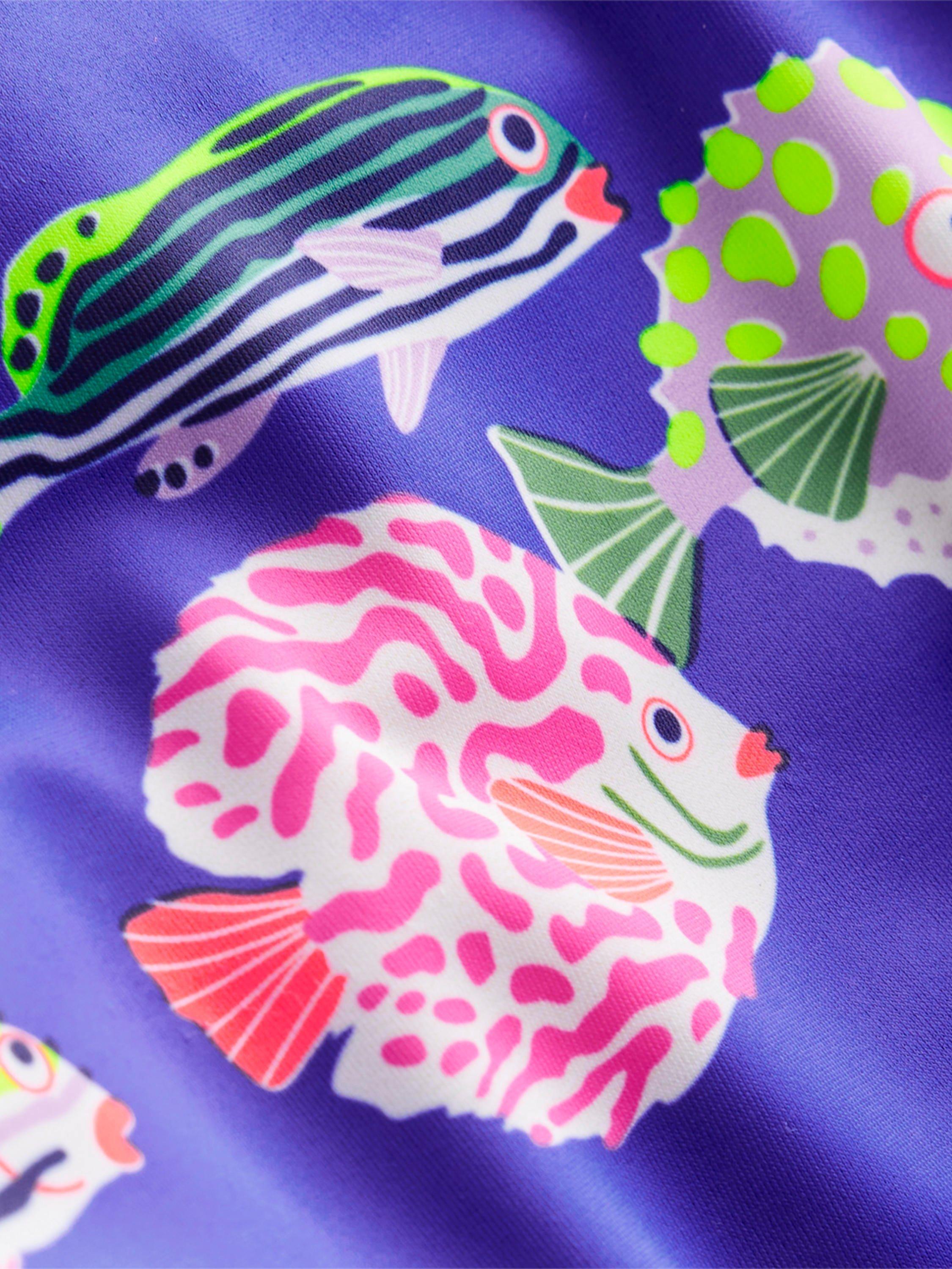 Product image 3 of 3, which shows Mini Boden Kids' Printed Drawstring Swim Trunks, Blue Heron Fish, 2-3 years