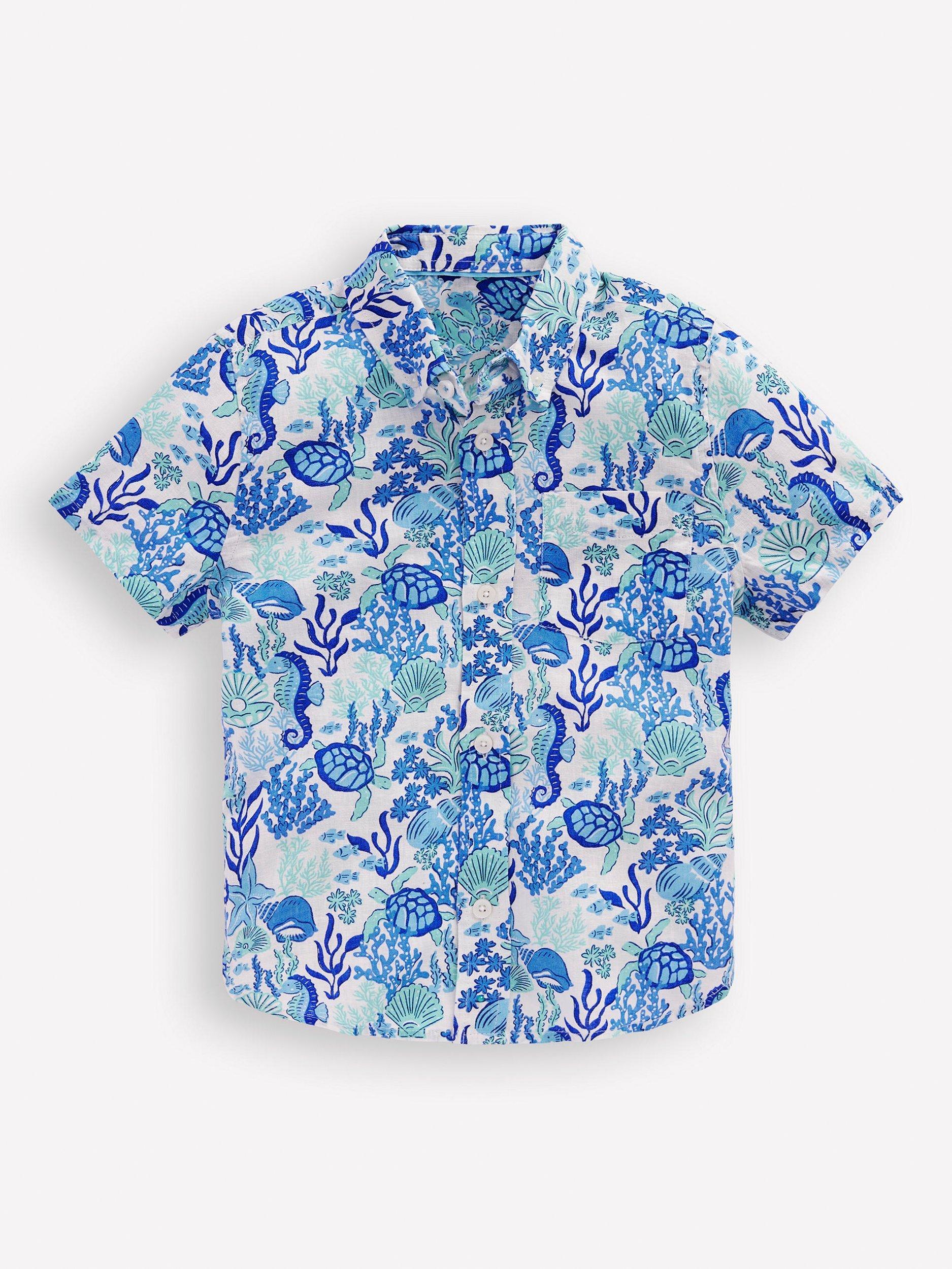 Product image 1 of 3, which shows Mini Boden Kids' Linen Blend Short Sleeved Shirt, Blue Coral Cove, 2-3 years