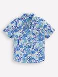 Mini Boden Kids' Linen Blend Short Sleeved Shirt, Blue Coral Cove