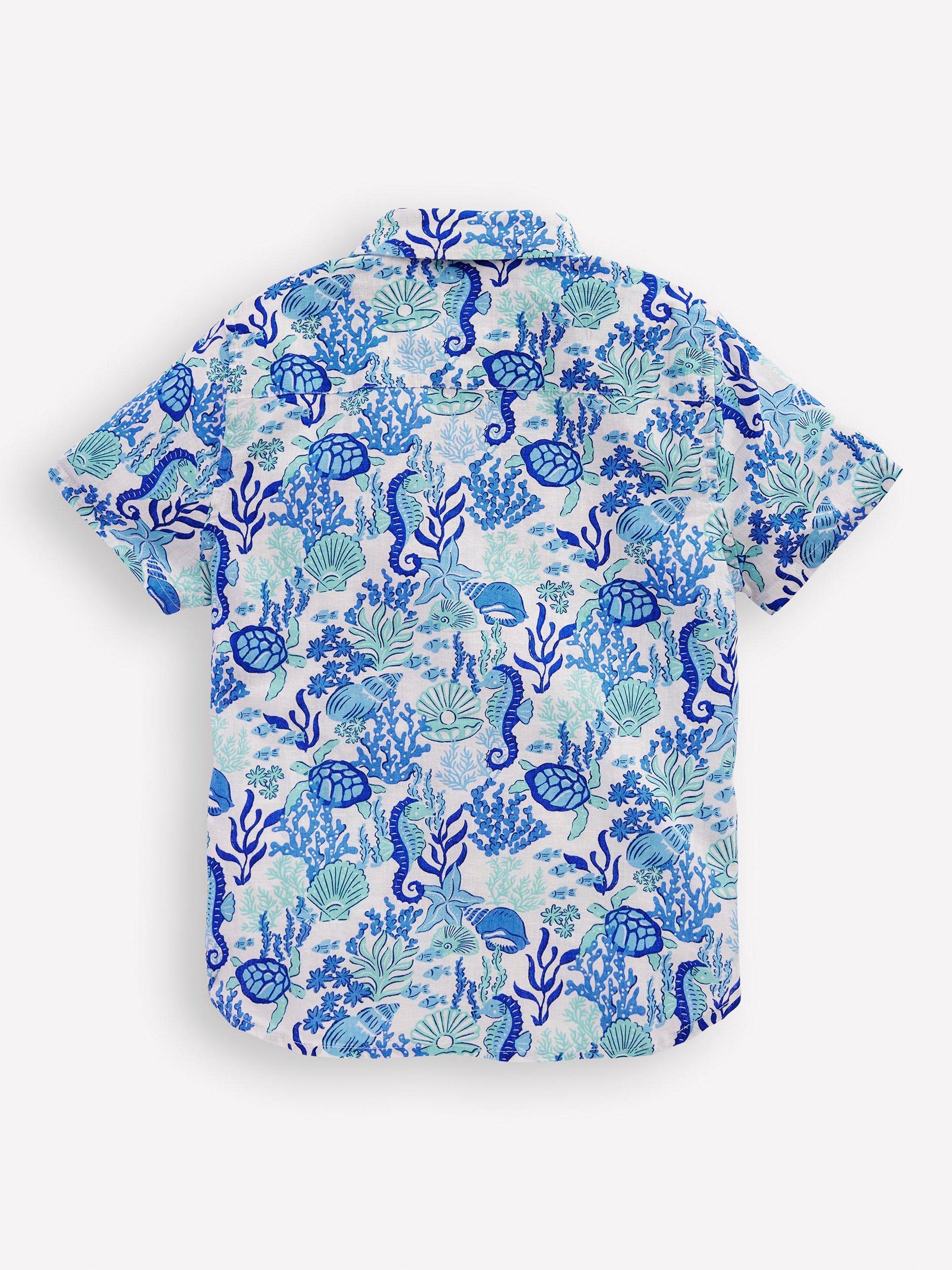 Product image 2 of 3, which shows Mini Boden Kids' Linen Blend Short Sleeved Shirt, Blue Coral Cove, 2-3 years