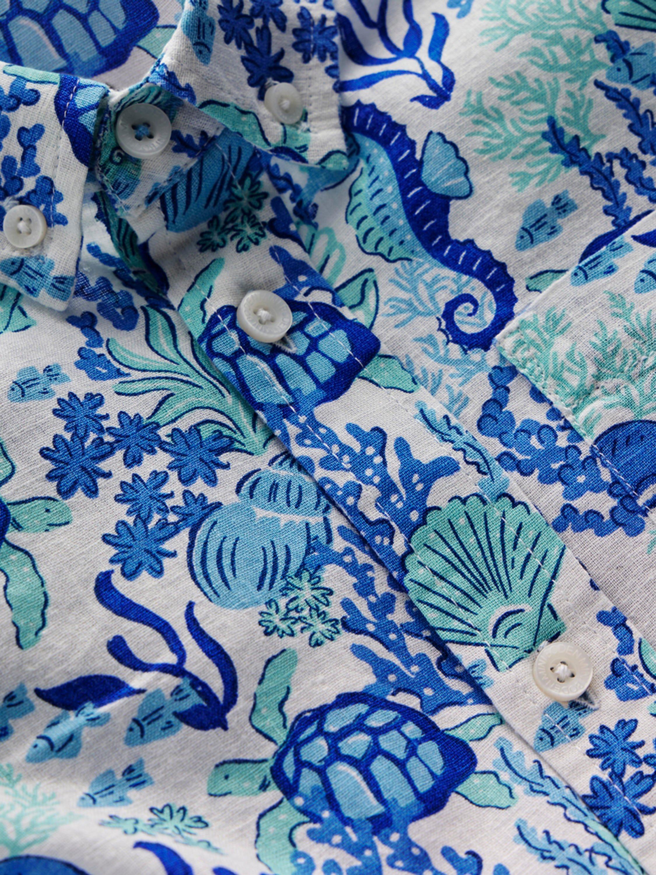 Product image 3 of 3, which shows Mini Boden Kids' Linen Blend Short Sleeved Shirt, Blue Coral Cove, 2-3 years