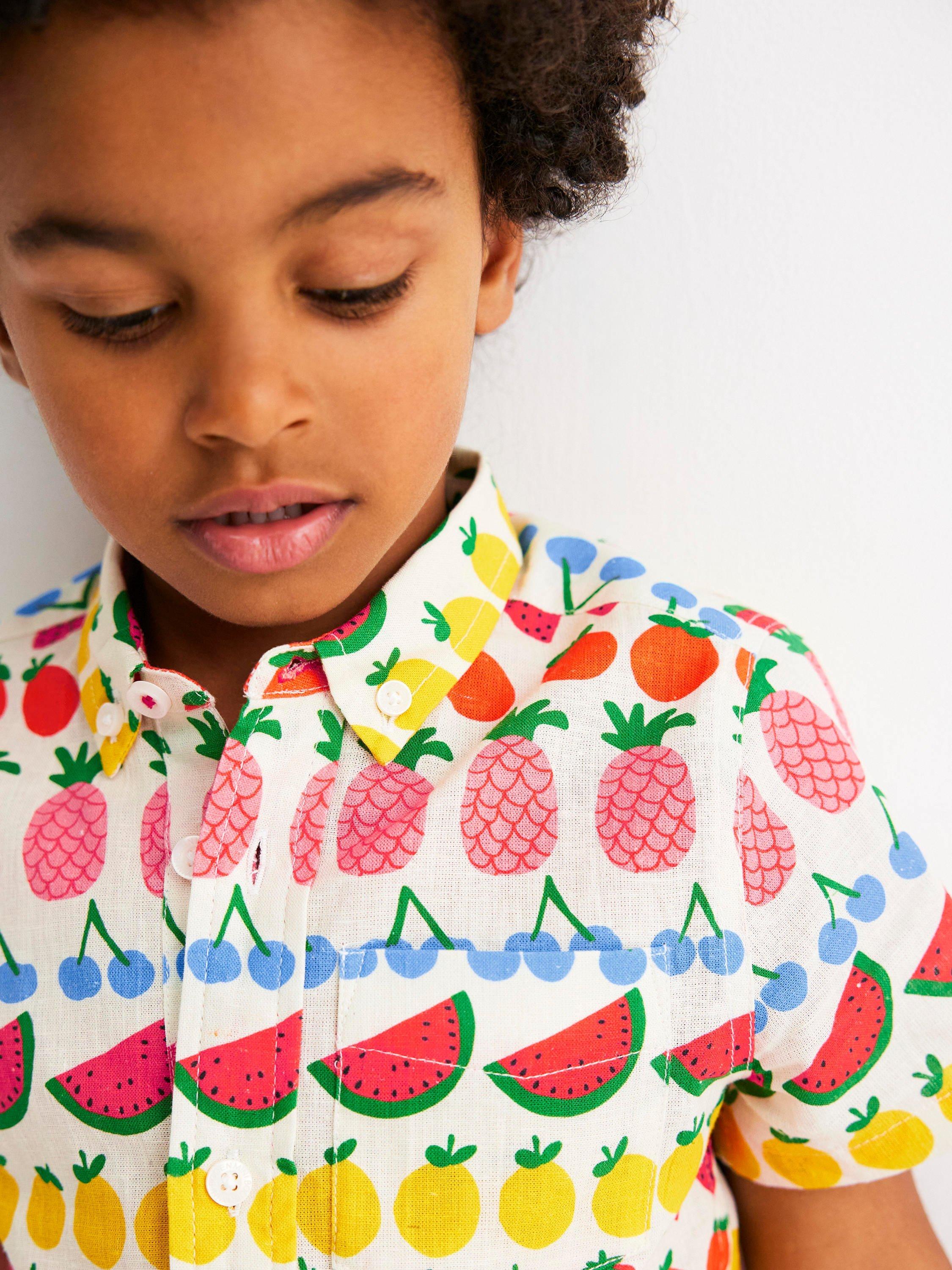 Product image 2 of 6, which shows Mini Boden Kids' Cotton Linen Blend Short Sleeved Shirt, Fruit Stripe, 3-4 years