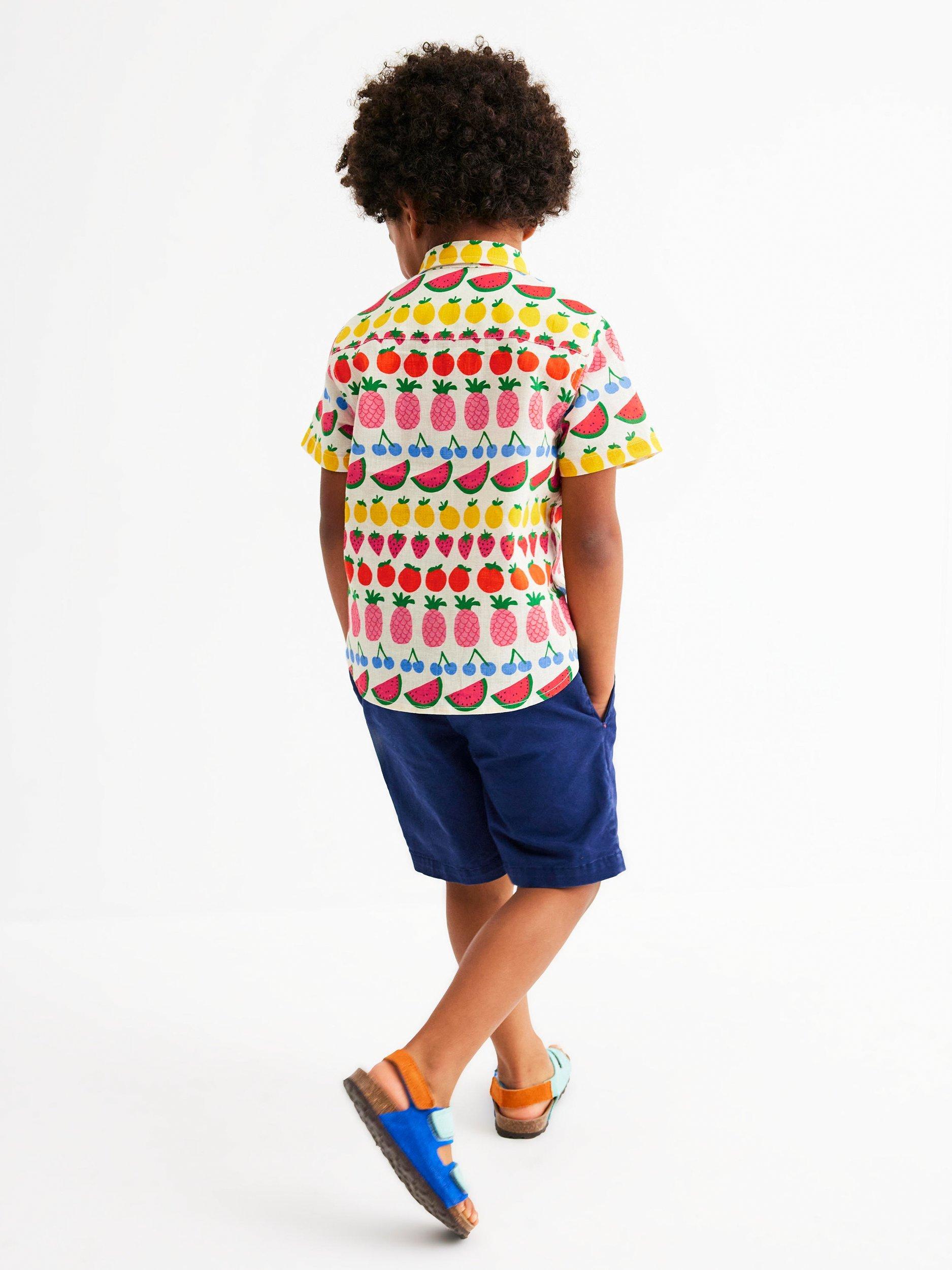 Product image 3 of 6, which shows Mini Boden Kids' Cotton Linen Blend Short Sleeved Shirt, Fruit Stripe, 3-4 years