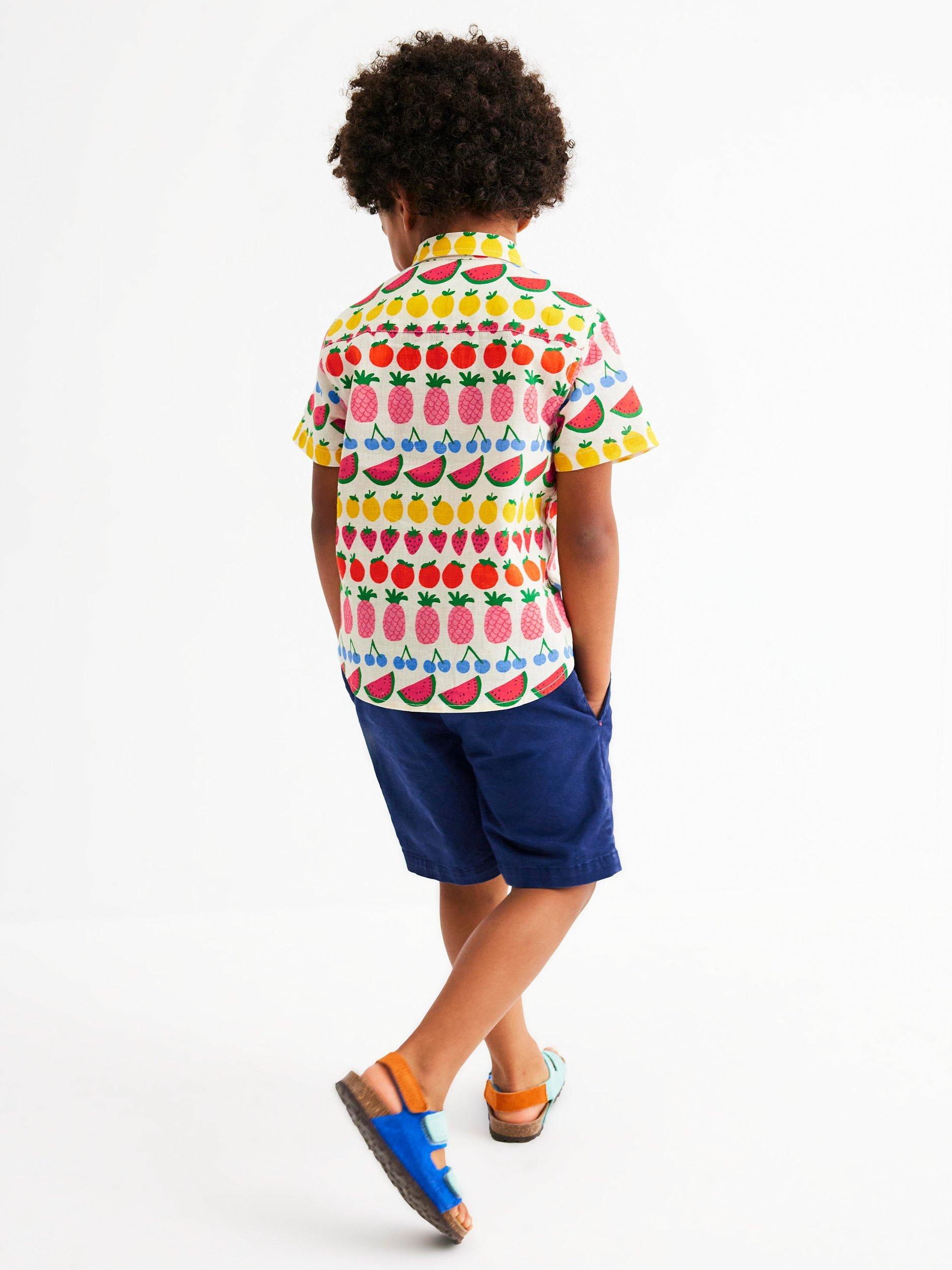 Product image 4 of 6, which shows Mini Boden Kids' Cotton Linen Blend Short Sleeved Shirt, Fruit Stripe, 3-4 years