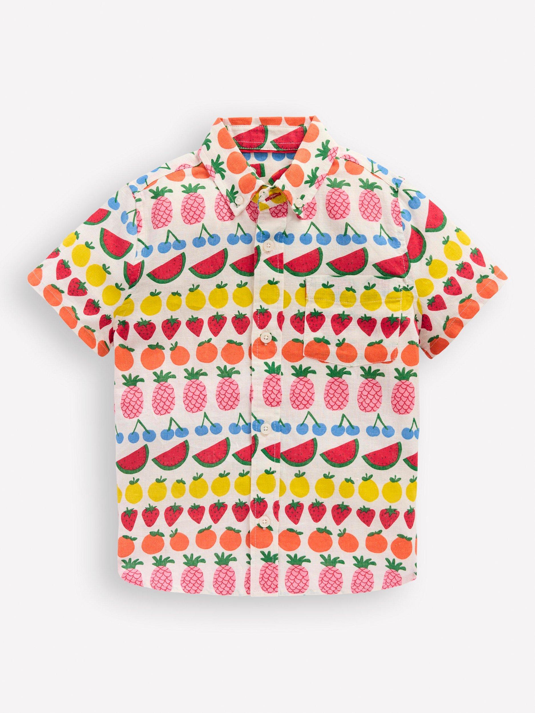 Product image 5 of 6, which shows Mini Boden Kids' Cotton Linen Blend Short Sleeved Shirt, Fruit Stripe, 3-4 years