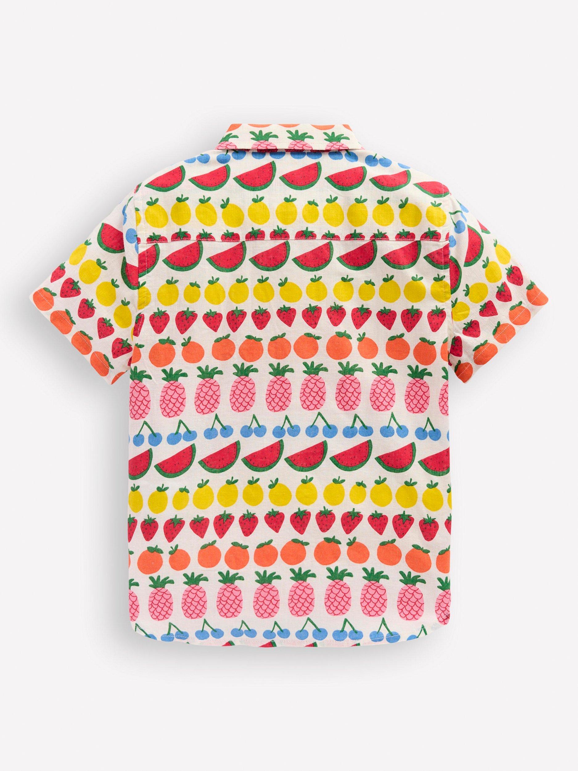Product image 6 of 6, which shows Mini Boden Kids' Cotton Linen Blend Short Sleeved Shirt, Fruit Stripe, 3-4 years