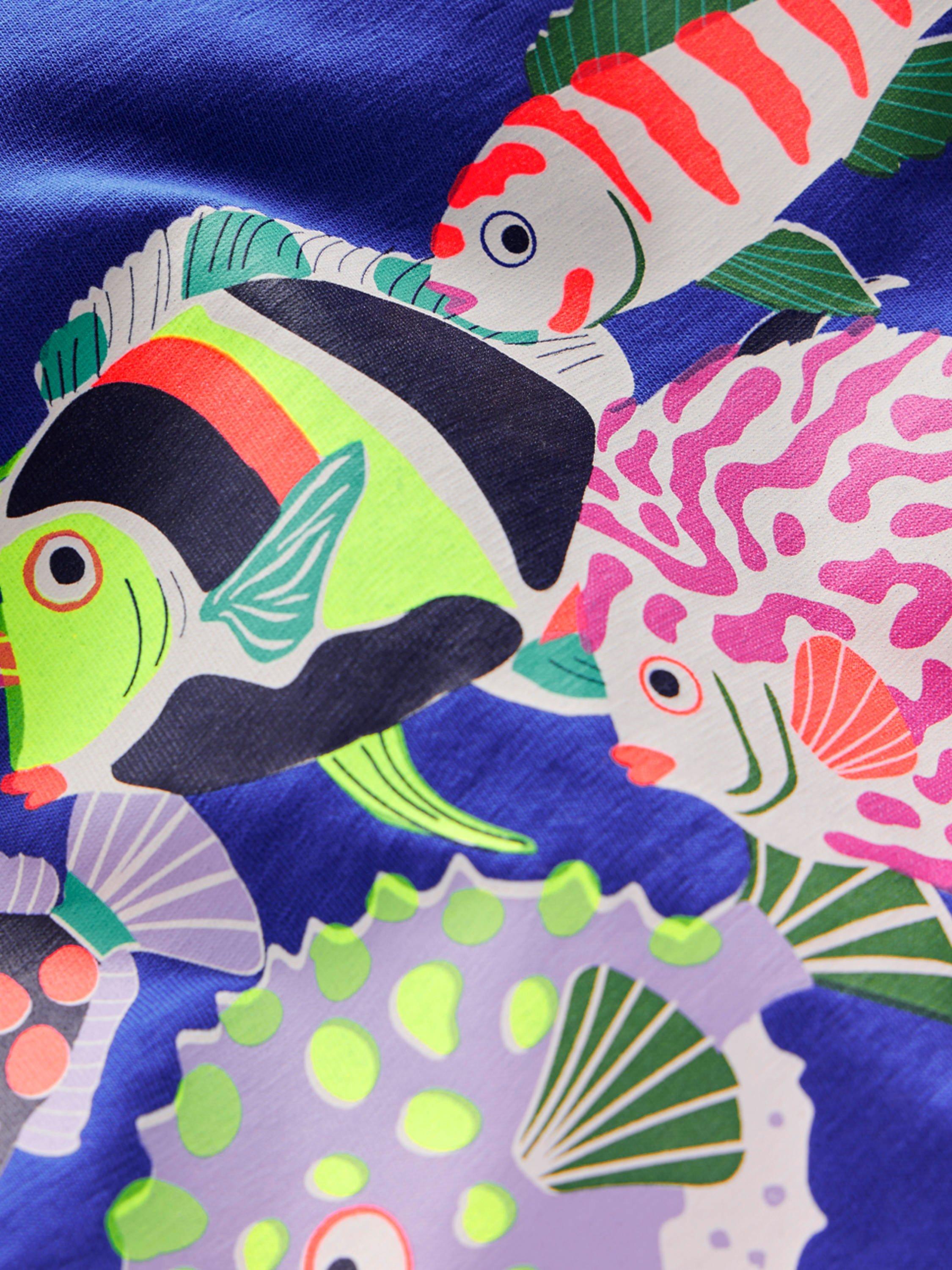 Product image 5 of 5, which shows Mini Boden Kids' Cotton Riso Relaxed Printed T-Shirt, Blue Heron Fish, 7-8 years