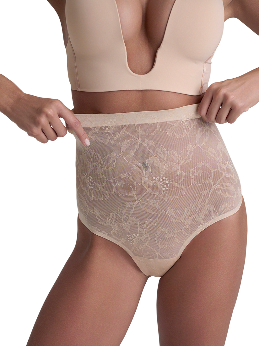 Product image 1 of 7, which shows Bye Bra Lace High Waist Shaping Thong, Beige, S