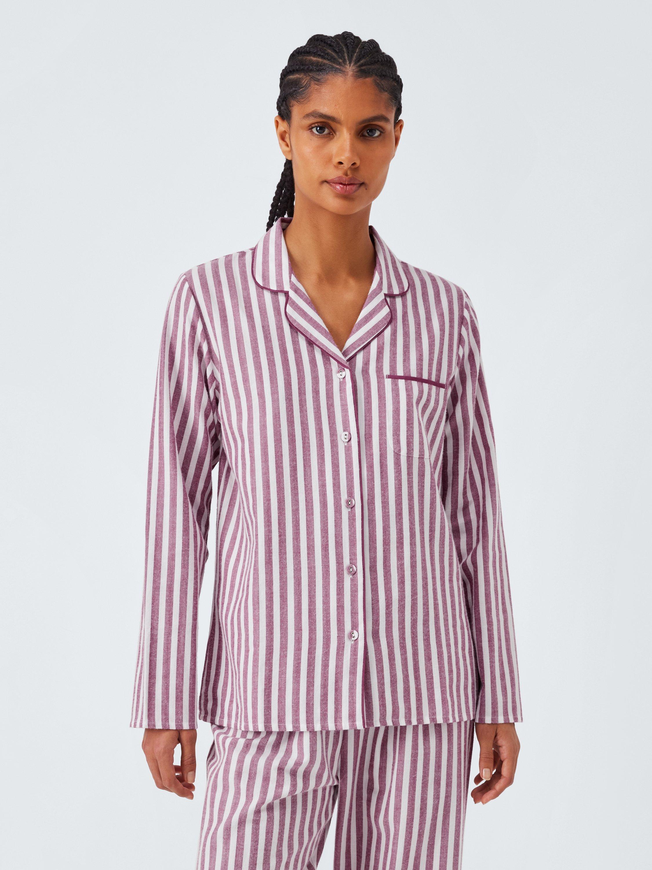 Product image 1 of 6, which shows John Lewis Luna Stripe Button Through Long Pyjama Set, Raspberry Coulis, 8