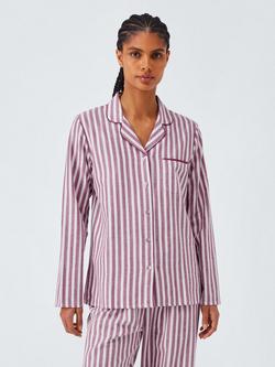 John Lewis Luna Stripe Button Through Long Pyjama Set, Raspberry Coulis, Raspberry Coulis