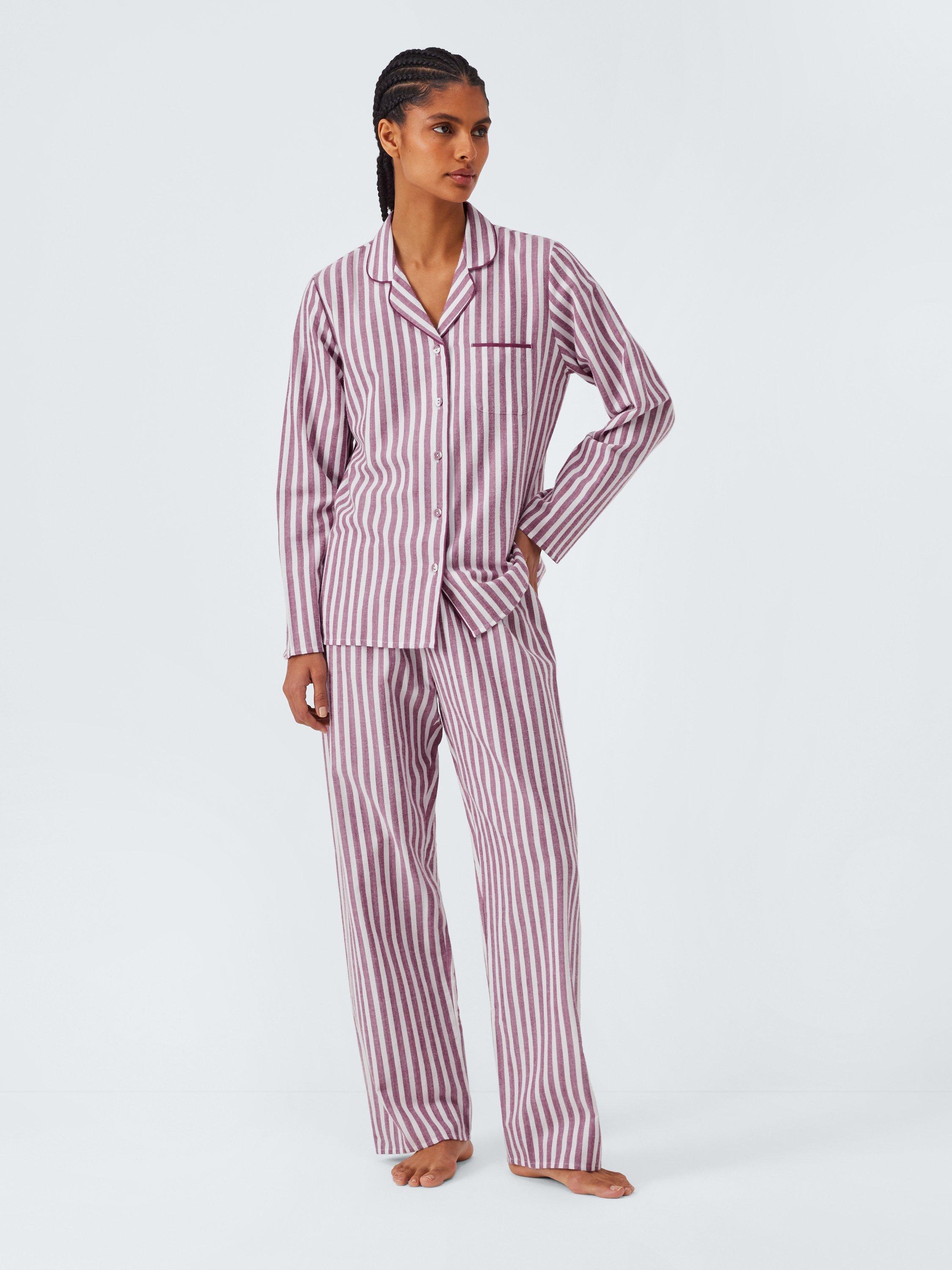 Product image 3 of 6, which shows John Lewis Luna Stripe Button Through Long Pyjama Set, Raspberry Coulis, 8