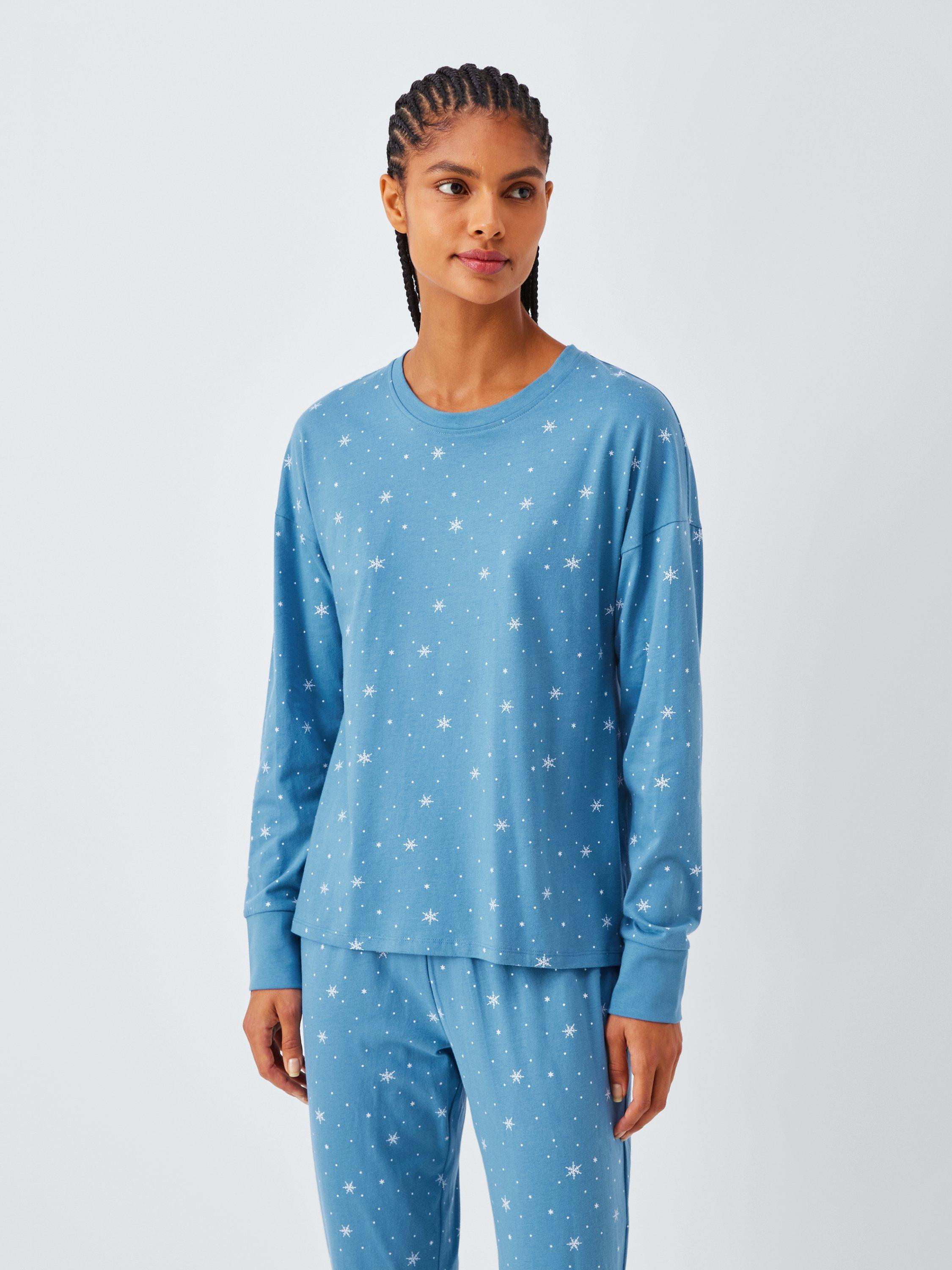Product image 3 of 6, which shows John Lewis Snowflake Star Cuffed Jersey Long Pyjama Set, Blue, 10