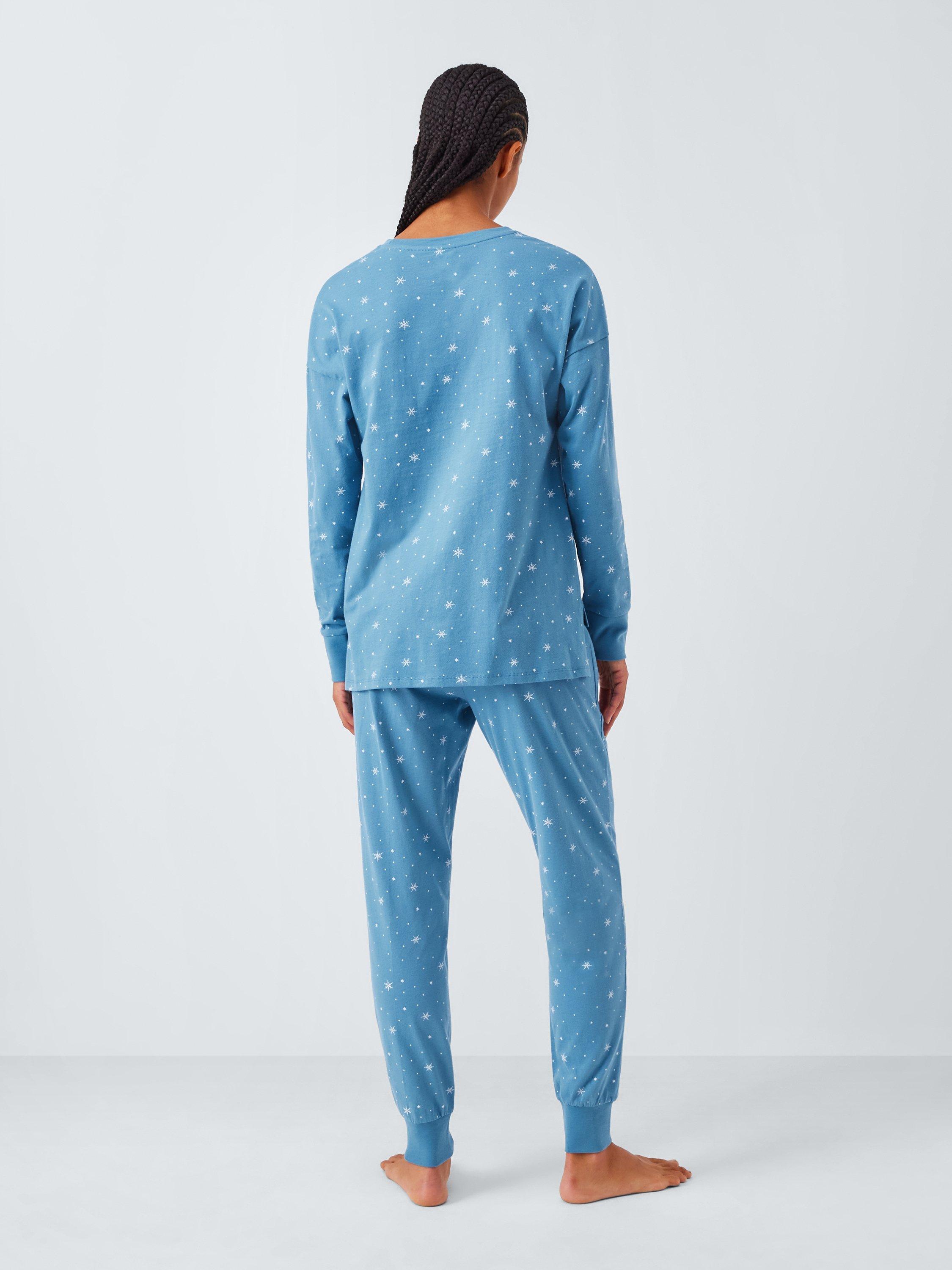 Product image 2 of 6, which shows John Lewis Snowflake Star Cuffed Jersey Long Pyjama Set, Blue, 10