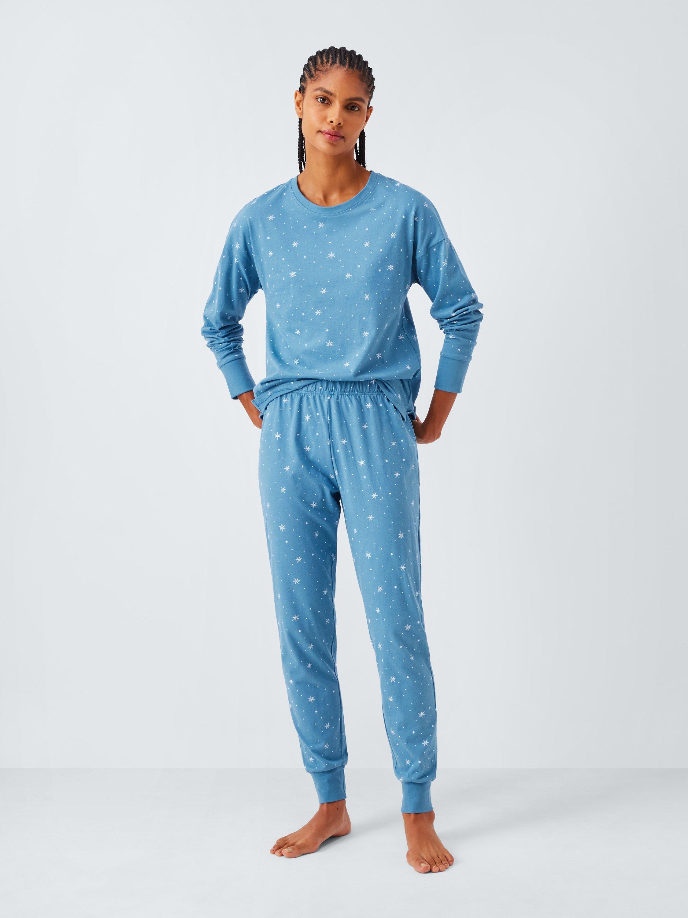 Product image 1 of 6, which shows John Lewis Snowflake Star Cuffed Jersey Long Pyjama Set, Blue, 10