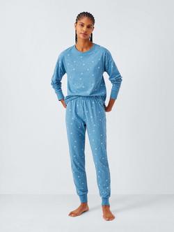 John Lewis Snowflake Star Cuffed Jersey Long Pyjama Set, Blue, Blue
