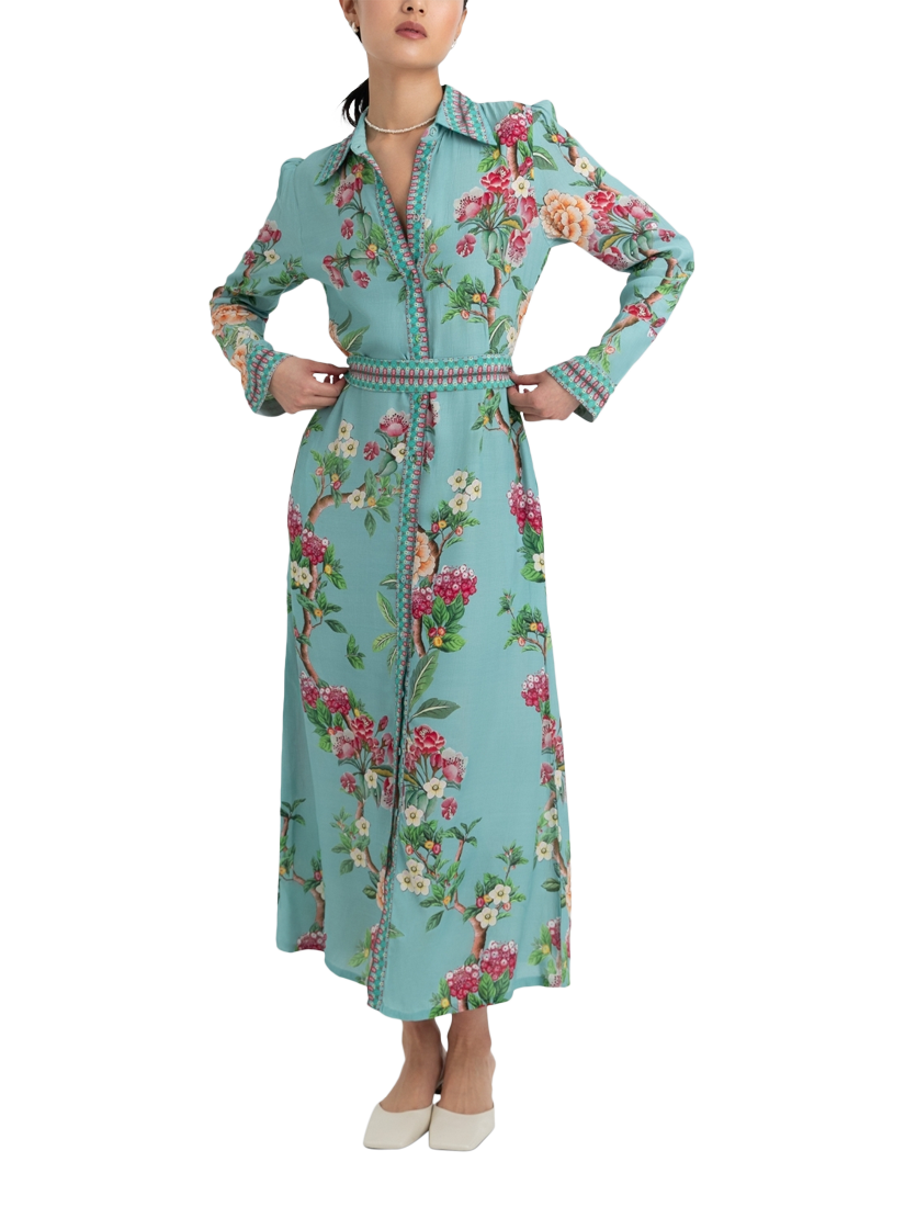 Product image 1 of 3, which shows Raishma Enola Floral Print Midi Shirt Dress, Green, 8