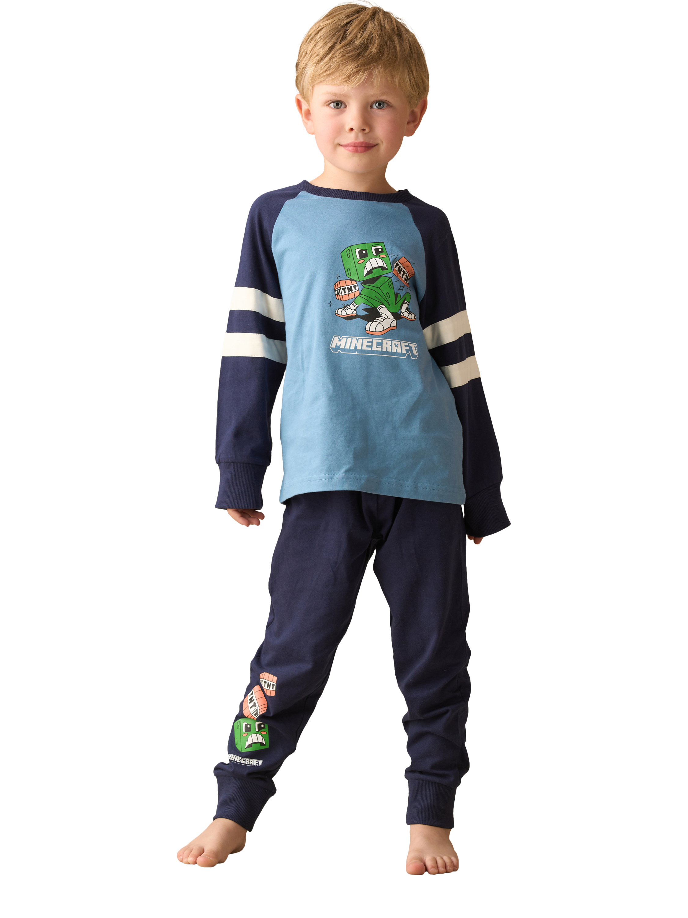 Product image 1 of 7, which shows Angel & Rocket Kids' Cotton Minecraft Long Sleeved Pyjamas, Blue, 3-4 years