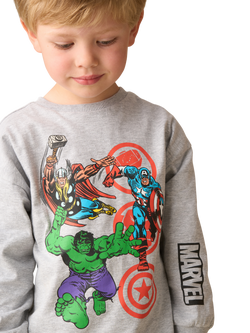 Angel & Rocket Kids' Cotton Marvel Graphic Print Pyjamas, Grey - view 2, Grey