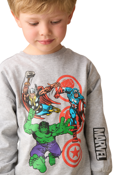 Angel & Rocket Kids' Cotton Marvel Graphic Print Pyjamas, Grey - view 2, Grey