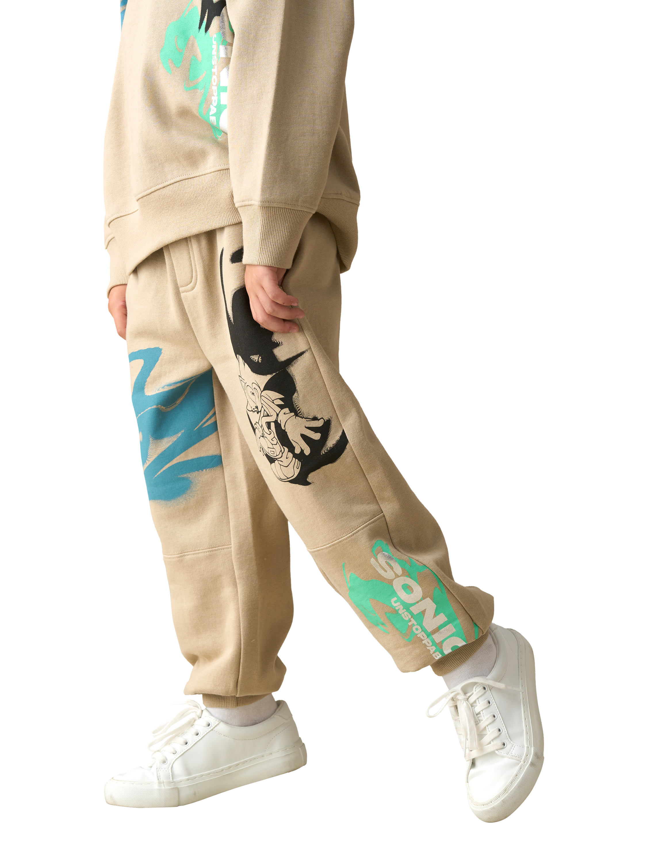 Product image 1 of 7, which shows Angel & Rocket Kids' Cotton Blend Sonic Drawstring Joggers, Stone, 3-4 years