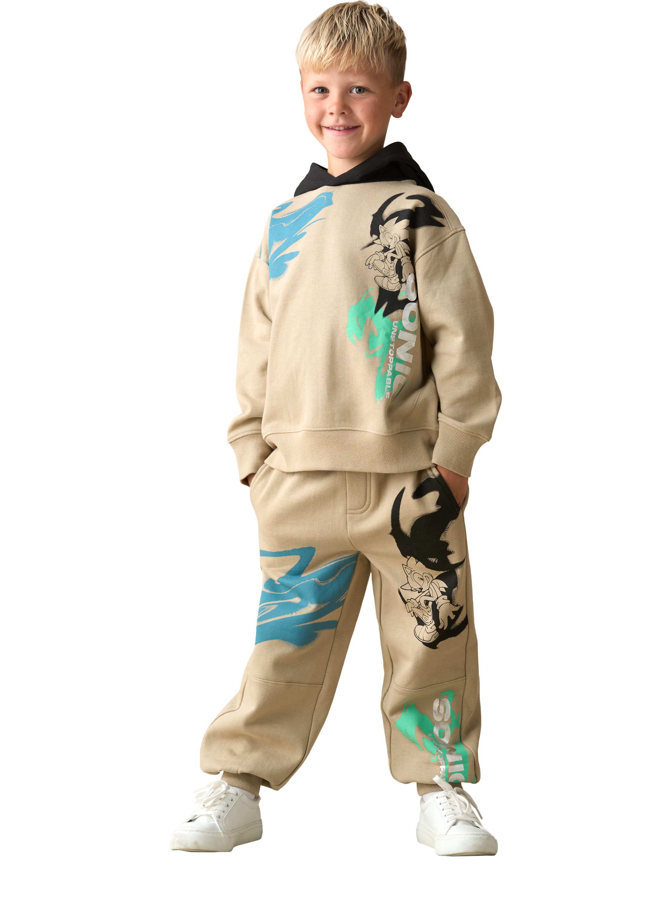 Product image 2 of 7, which shows Angel & Rocket Kids' Cotton Blend Sonic Drawstring Joggers, Stone, 3-4 years