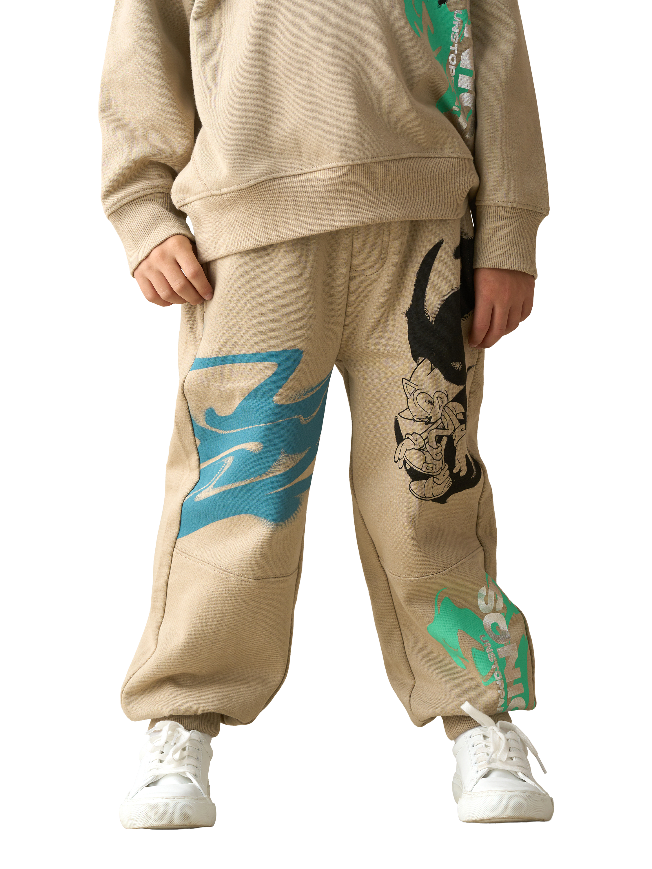 Product image 4 of 7, which shows Angel & Rocket Kids' Cotton Blend Sonic Drawstring Joggers, Stone, 3-4 years