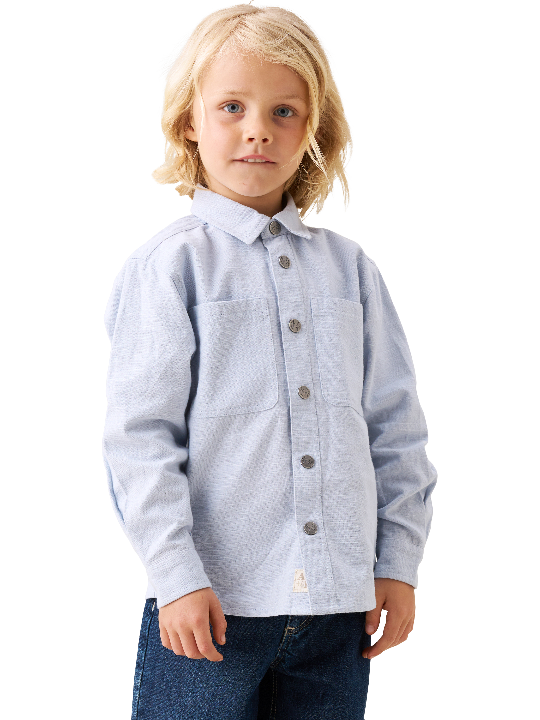 Product image 1 of 9, which shows Angel & Rocket Cotton Patchwork Canvas Shirt, Blue, 3 years