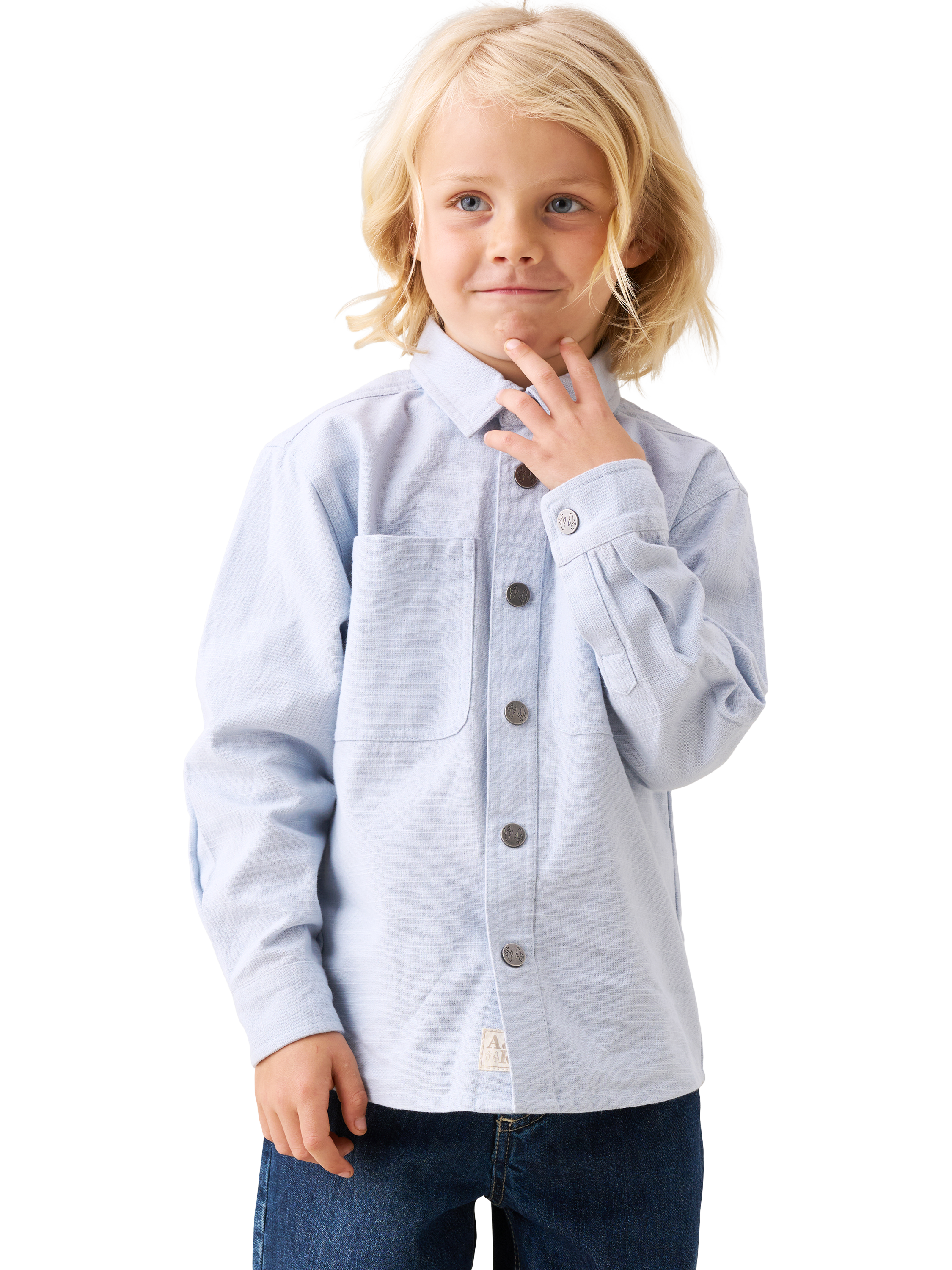Product image 2 of 9, which shows Angel & Rocket Cotton Patchwork Canvas Shirt, Blue, 3 years