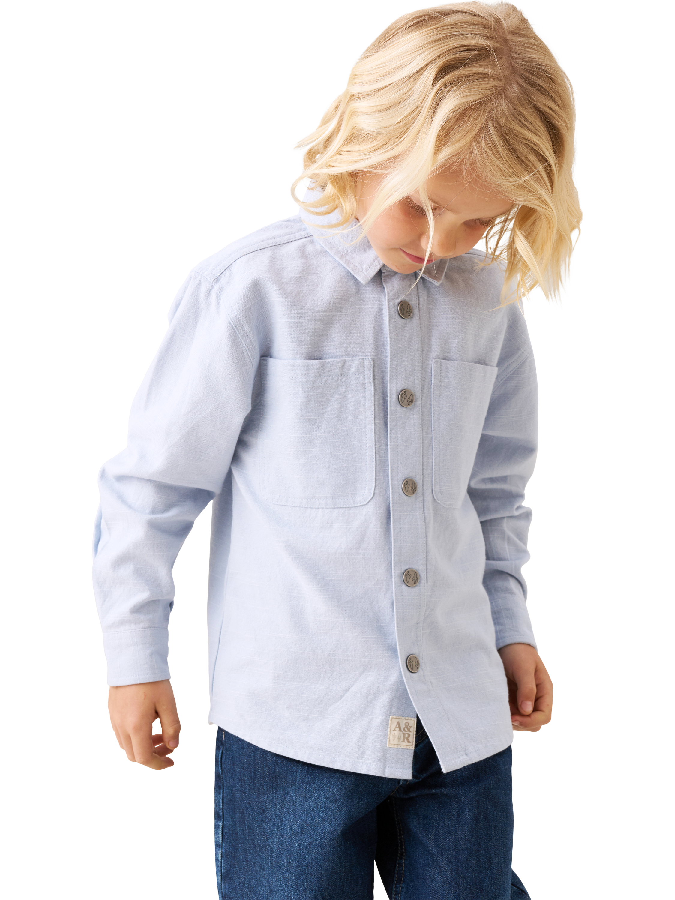 Product image 6 of 9, which shows Angel & Rocket Cotton Patchwork Canvas Shirt, Blue, 3 years