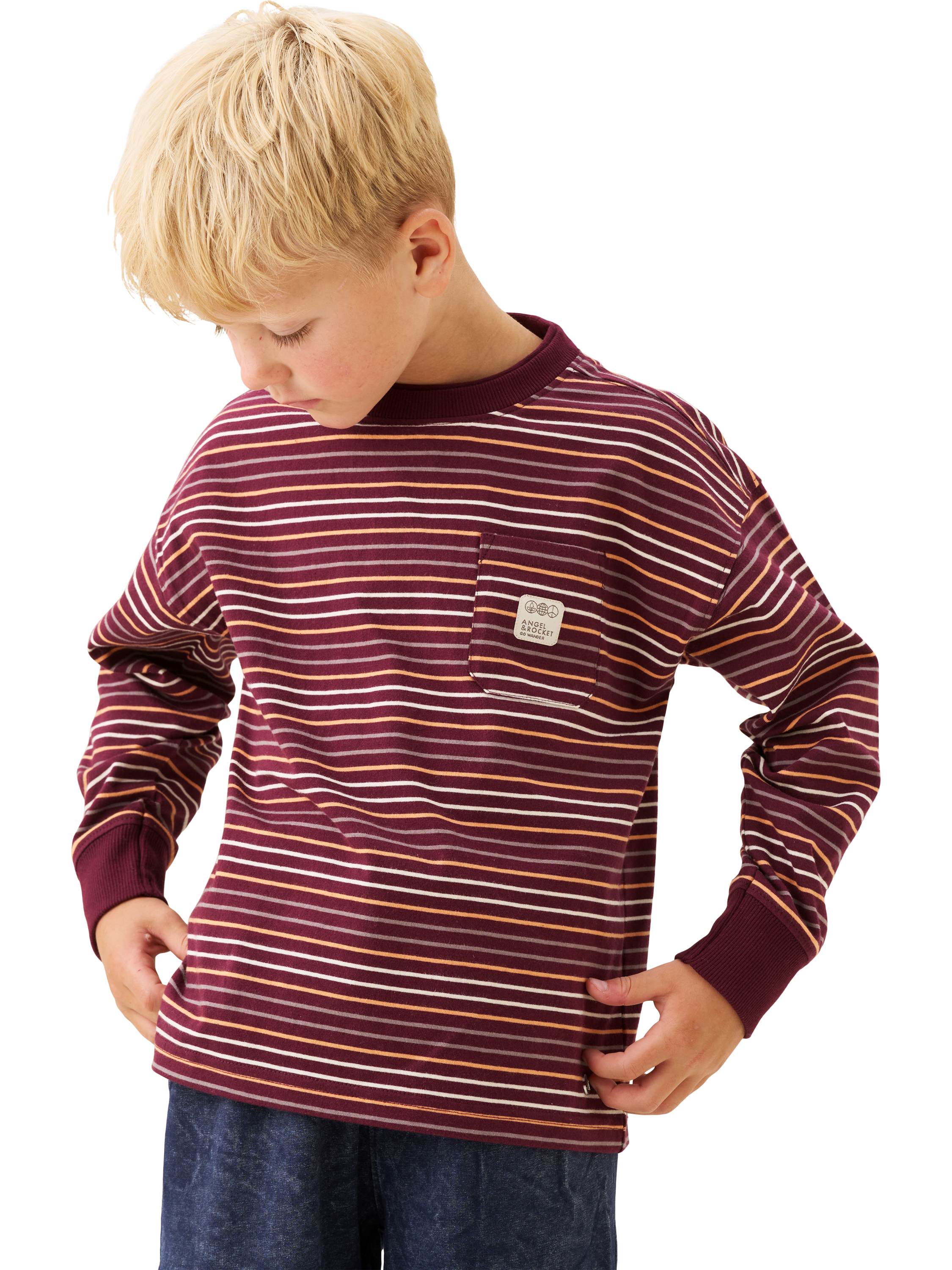 Product image 1 of 7, which shows Angel & Rocket Kids' Cotton Long Sleeved Striped T-Shirt, Burgandy, 3-4 years