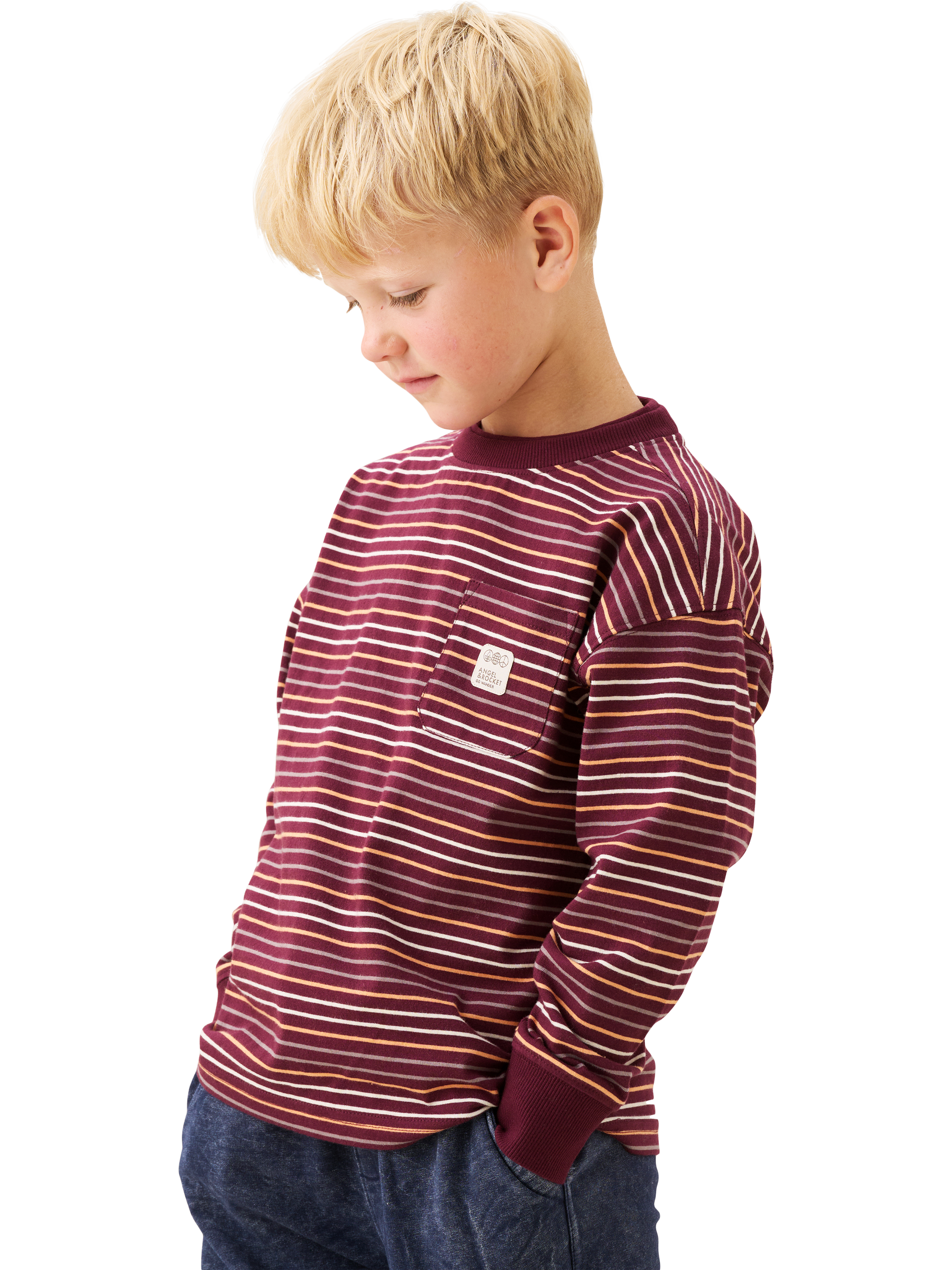 Product image 2 of 7, which shows Angel & Rocket Kids' Cotton Long Sleeved Striped T-Shirt, Burgandy, 3-4 years