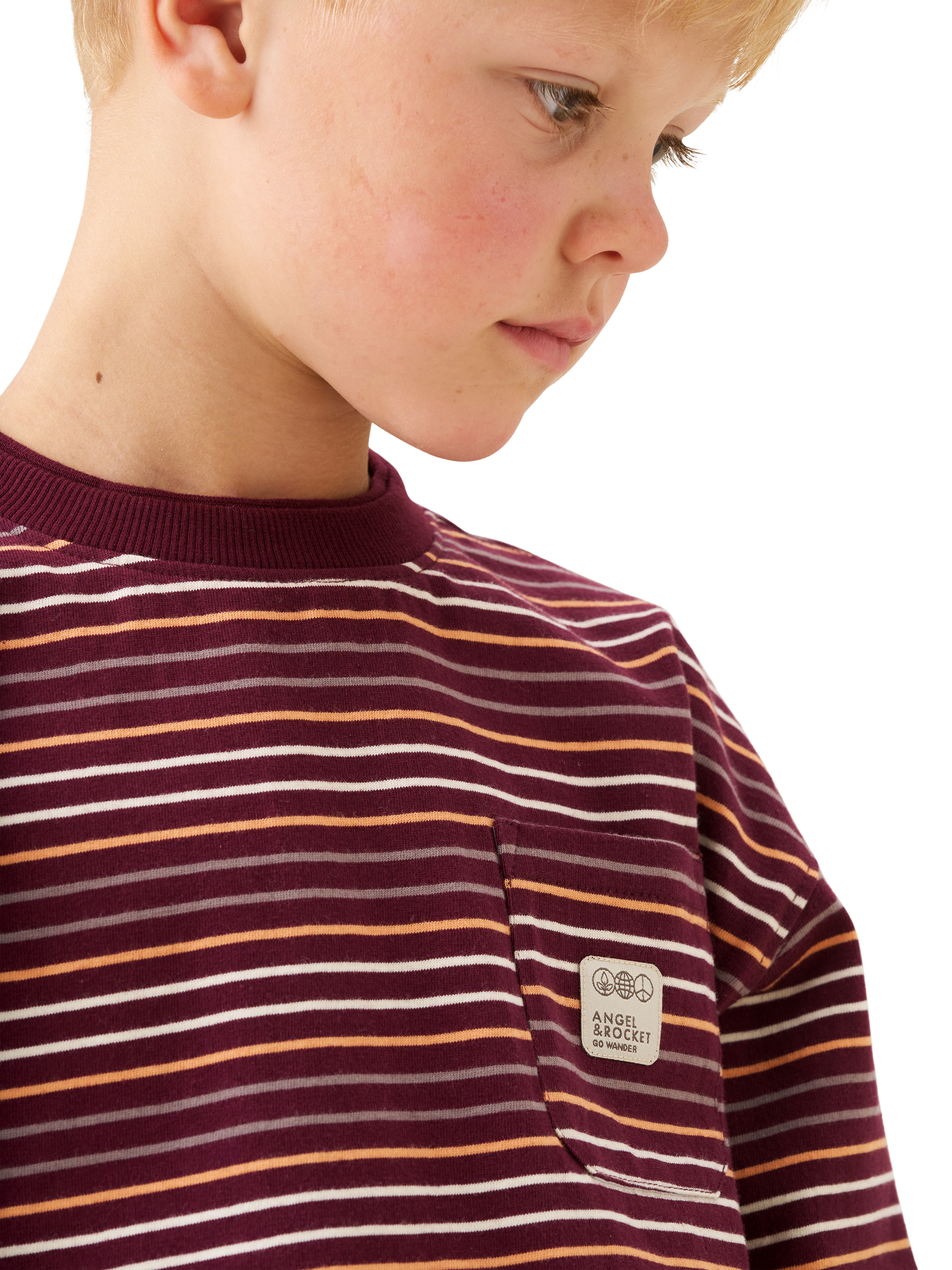 Product image 3 of 7, which shows Angel & Rocket Kids' Cotton Long Sleeved Striped T-Shirt, Burgandy, 3-4 years