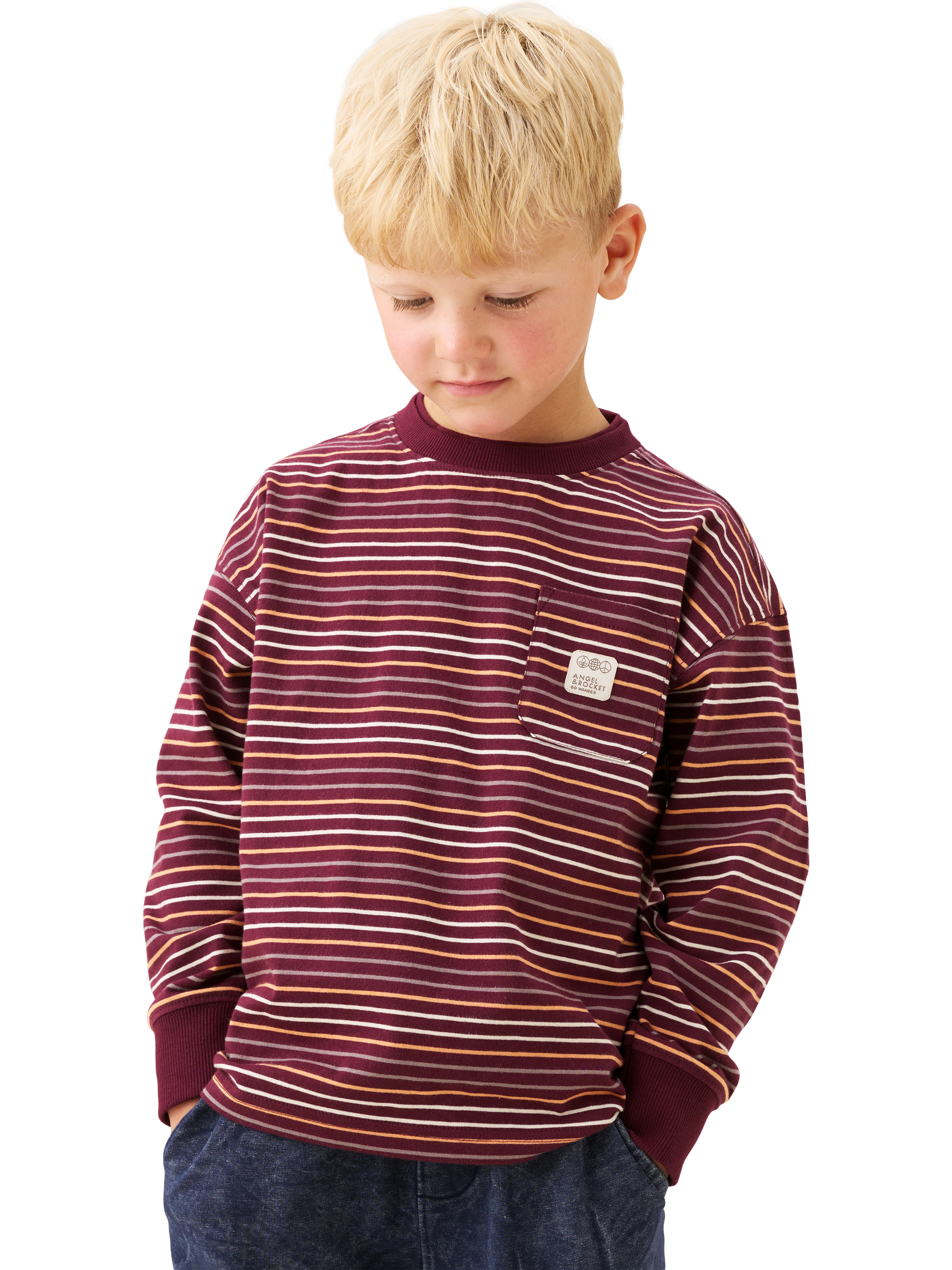Product image 4 of 7, which shows Angel & Rocket Kids' Cotton Long Sleeved Striped T-Shirt, Burgandy, 3-4 years