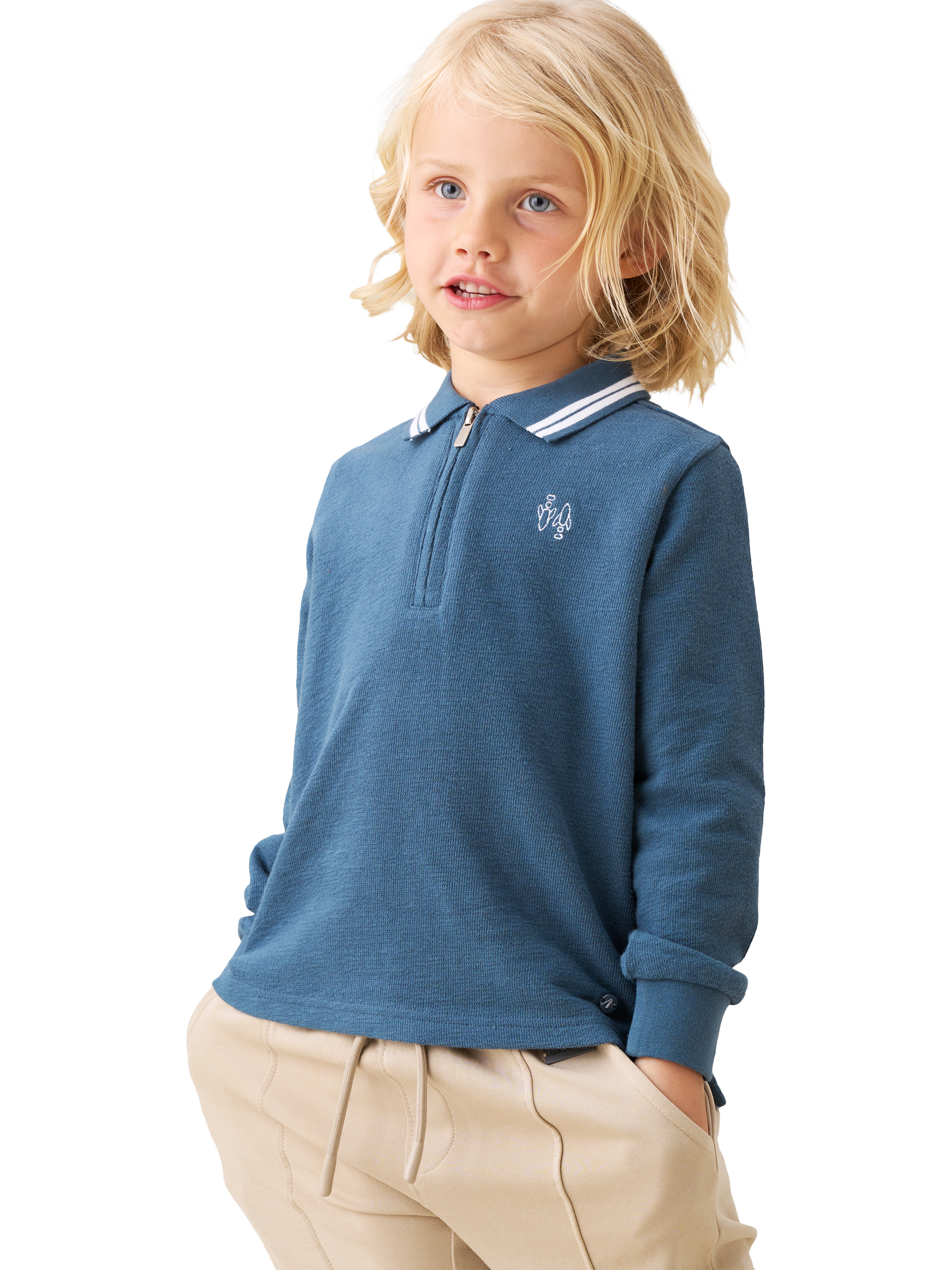 Product image 1 of 4, which shows Angel & Rocket Kids' Knitted Cotton Long Sleeved Polo Shirt, Blue, 3-4 years