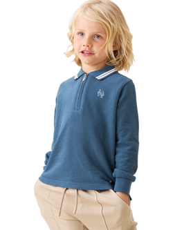 Angel & Rocket Kids' Knitted Cotton Long Sleeved Polo Shirt, Blue, Blue