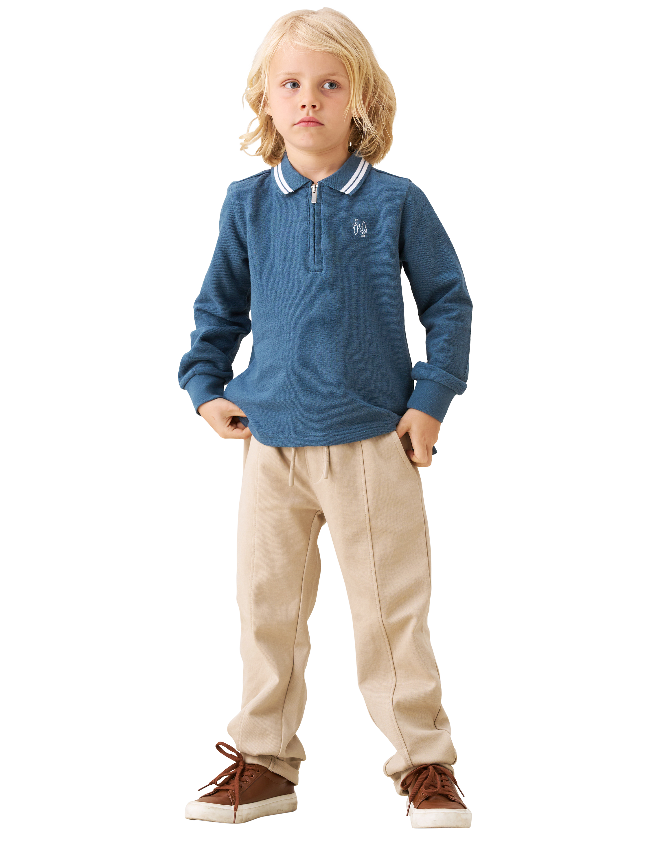 Product image 2 of 4, which shows Angel & Rocket Kids' Knitted Cotton Long Sleeved Polo Shirt, Blue, 3-4 years