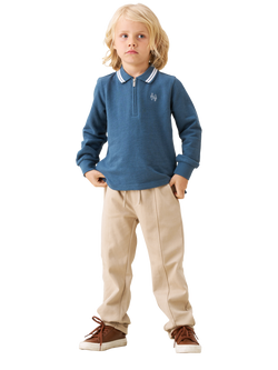 Angel & Rocket Kids' Knitted Cotton Long Sleeved Polo Shirt, Blue - view 2, Blue