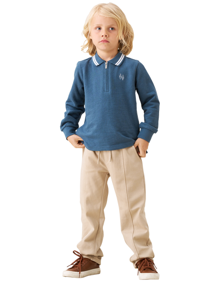 Angel & Rocket Kids' Knitted Cotton Long Sleeved Polo Shirt, Blue - view 2, Blue