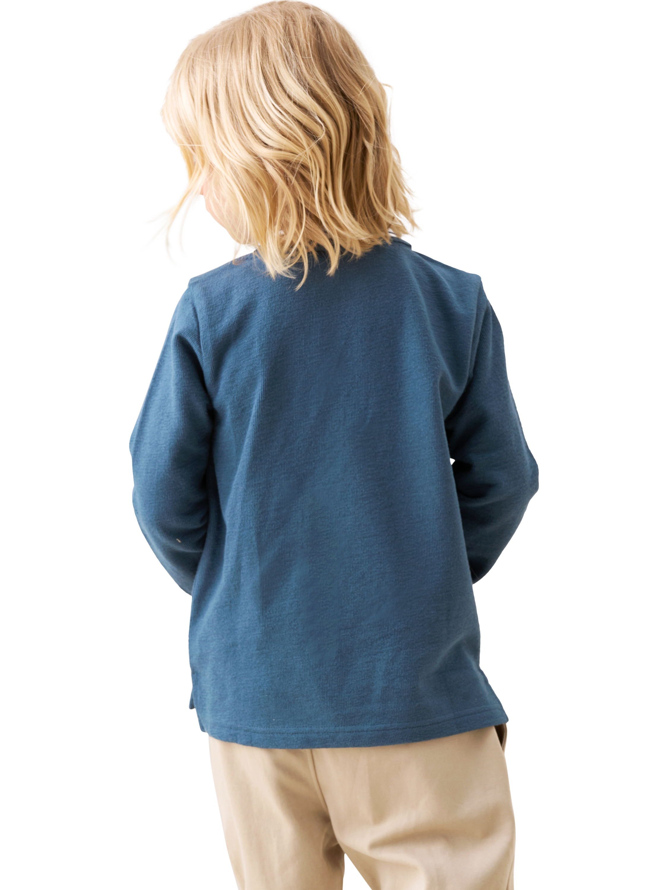 Product image 3 of 4, which shows Angel & Rocket Kids' Knitted Cotton Long Sleeved Polo Shirt, Blue, 3-4 years