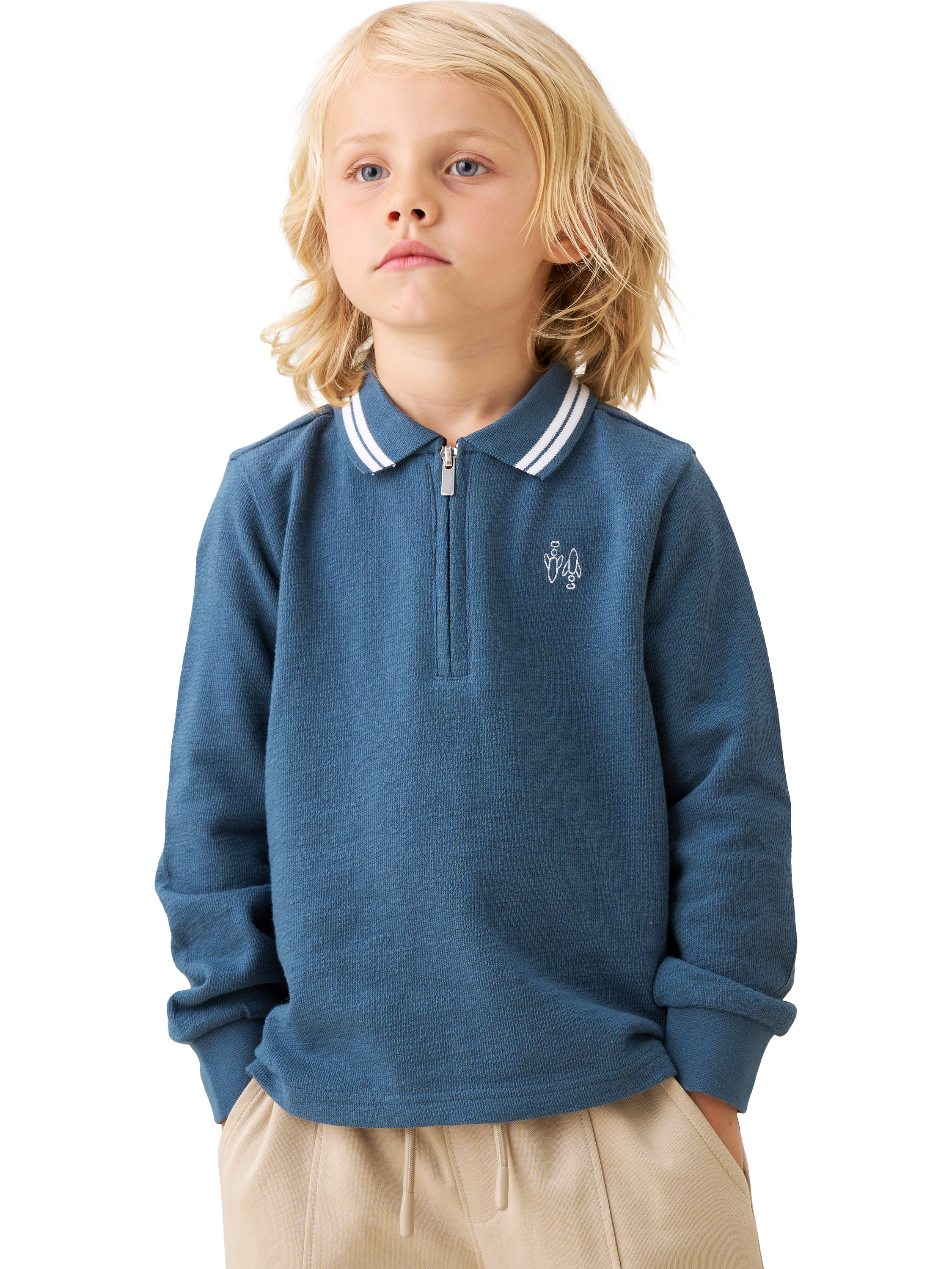 Product image 4 of 4, which shows Angel & Rocket Kids' Knitted Cotton Long Sleeved Polo Shirt, Blue, 3-4 years