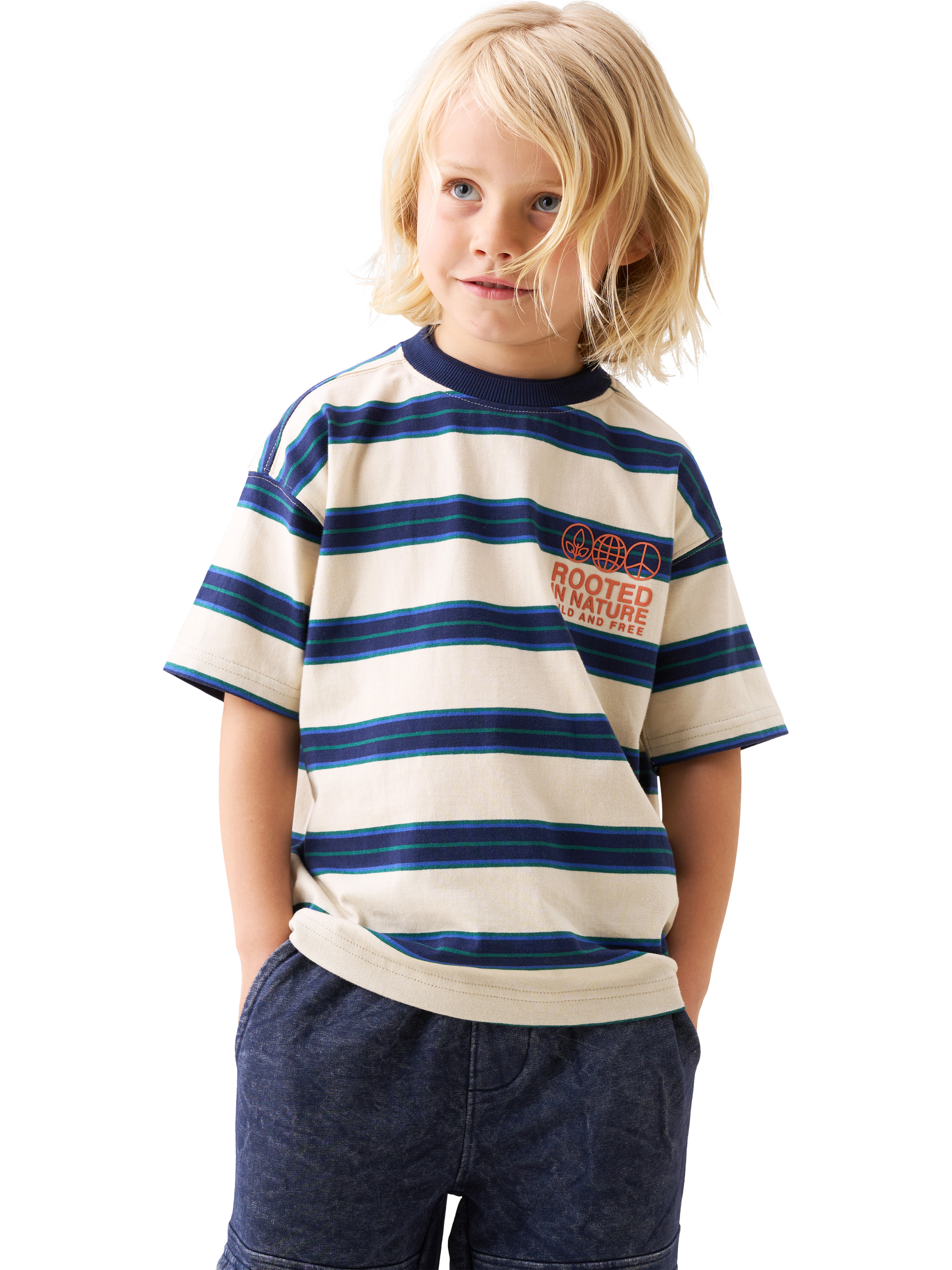 Product image 1 of 7, which shows Angel & Rocket Kids' Stripe T-Shirt, Stone, 3-4 years