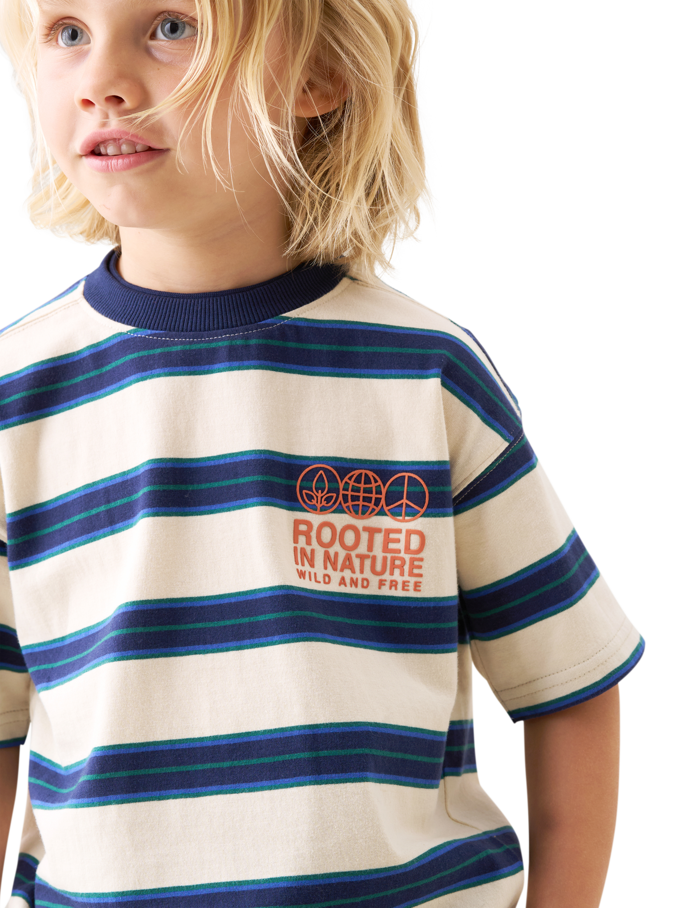 Product image 2 of 7, which shows Angel & Rocket Kids' Stripe T-Shirt, Stone, 3-4 years