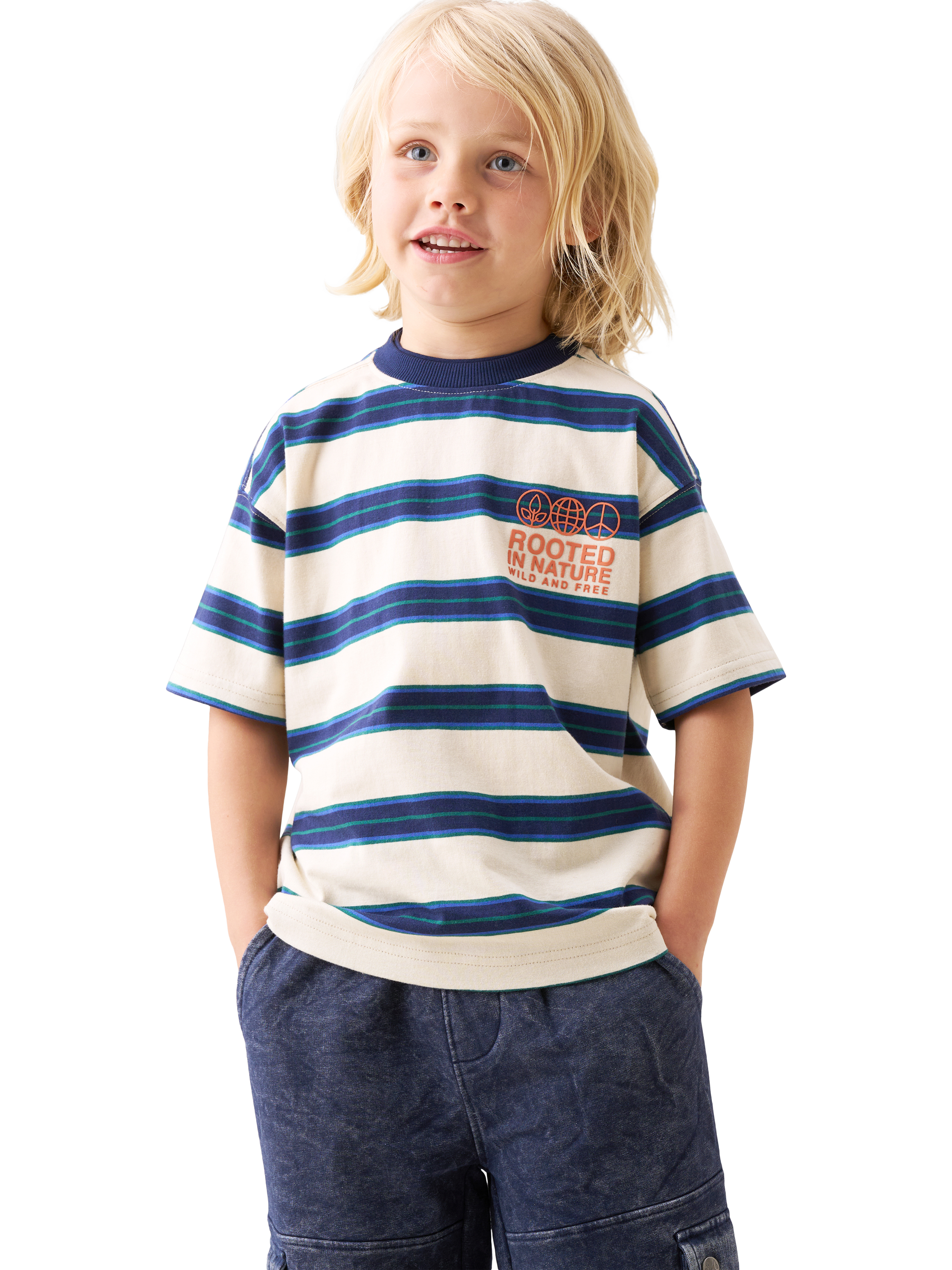 Product image 4 of 7, which shows Angel & Rocket Kids' Stripe T-Shirt, Stone, 3-4 years