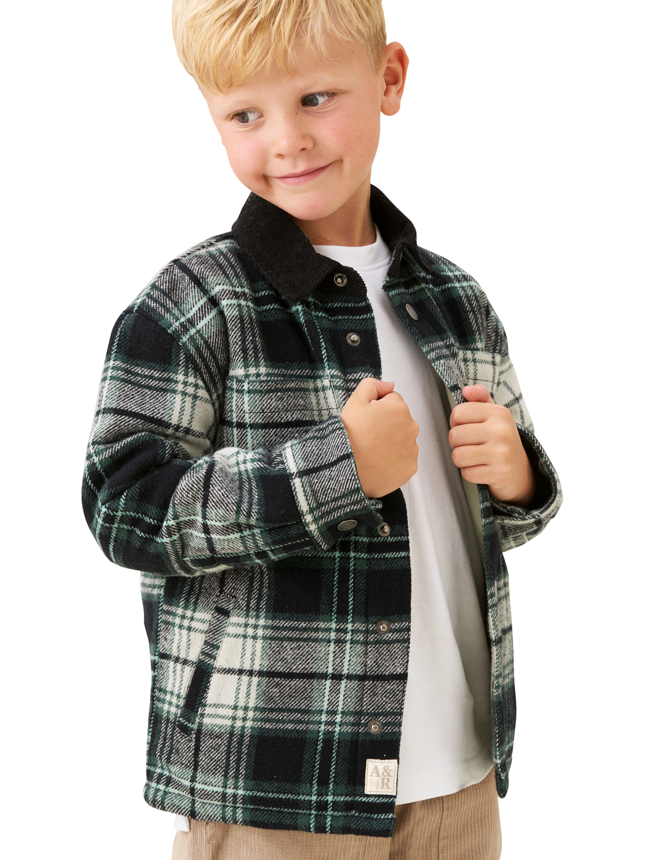 Product image 1 of 7, which shows Angel & Rocket Kids' Cotton Plaid Padded Shacket, Green/Multi, 3 years