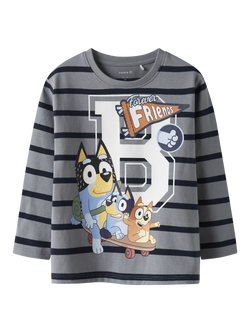NAME IT Kids' Cotton Blend Long Sleeved Striped Bluey T-Shirt, Tradewinds, Tradewinds