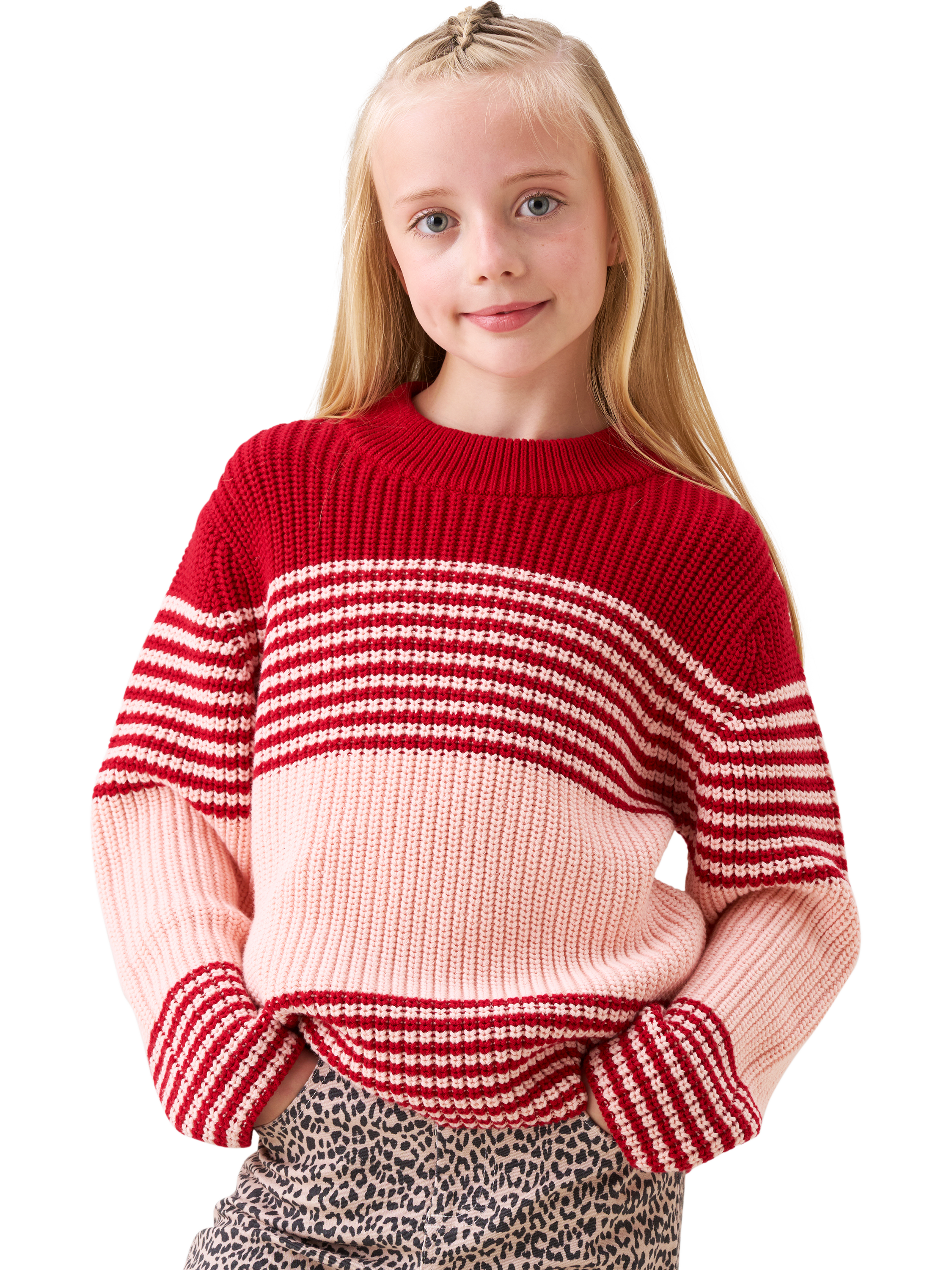 Product image 1 of 5, which shows Angel & Rocket Kids' Cotton Relaxed Striped Jumper, Red, 3-4 years