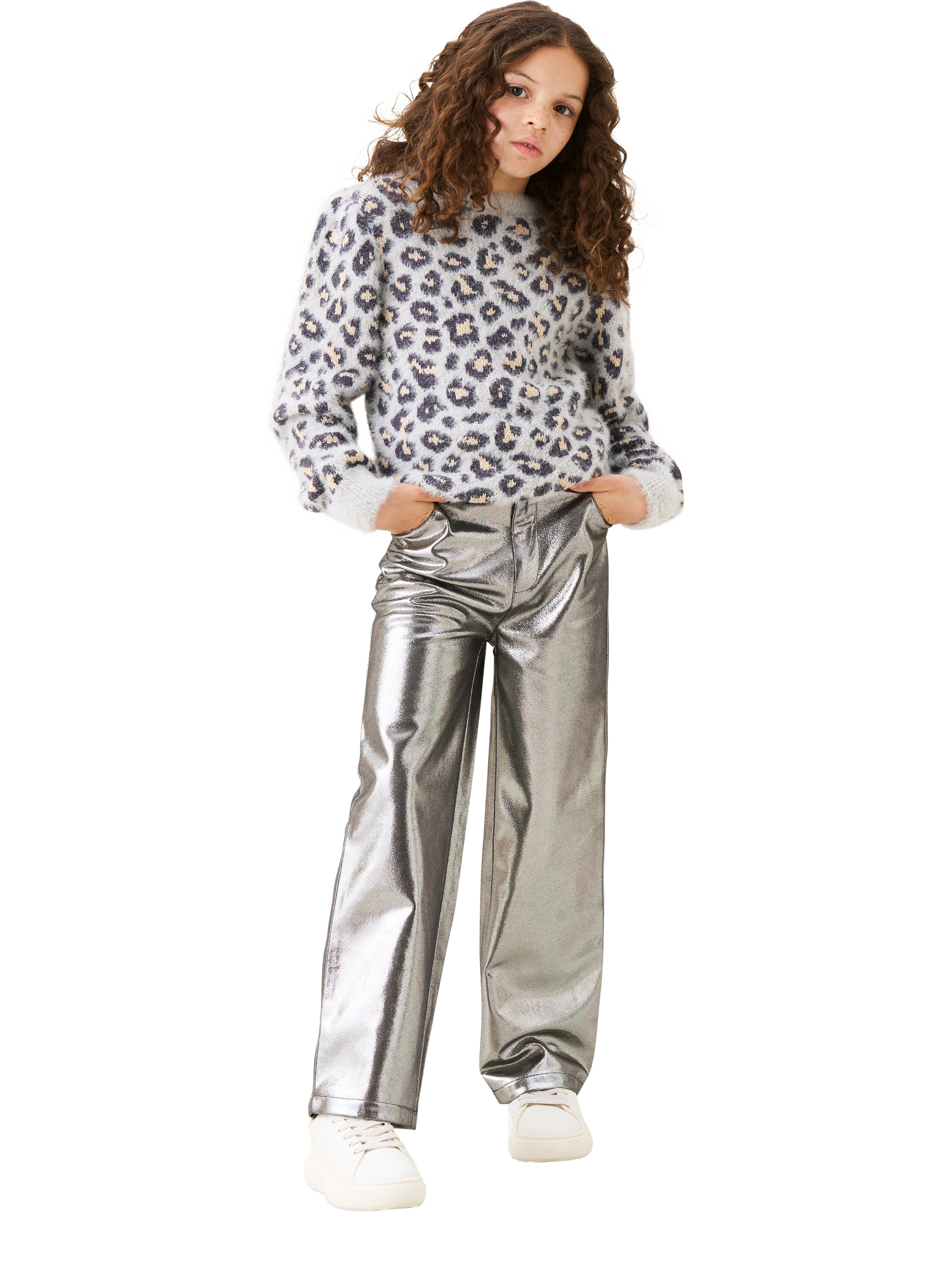 Product image 2 of 7, which shows Angel & Rocket Kids' Leopard Print Eyelash Knit Jumper, Grey, 3-4 years