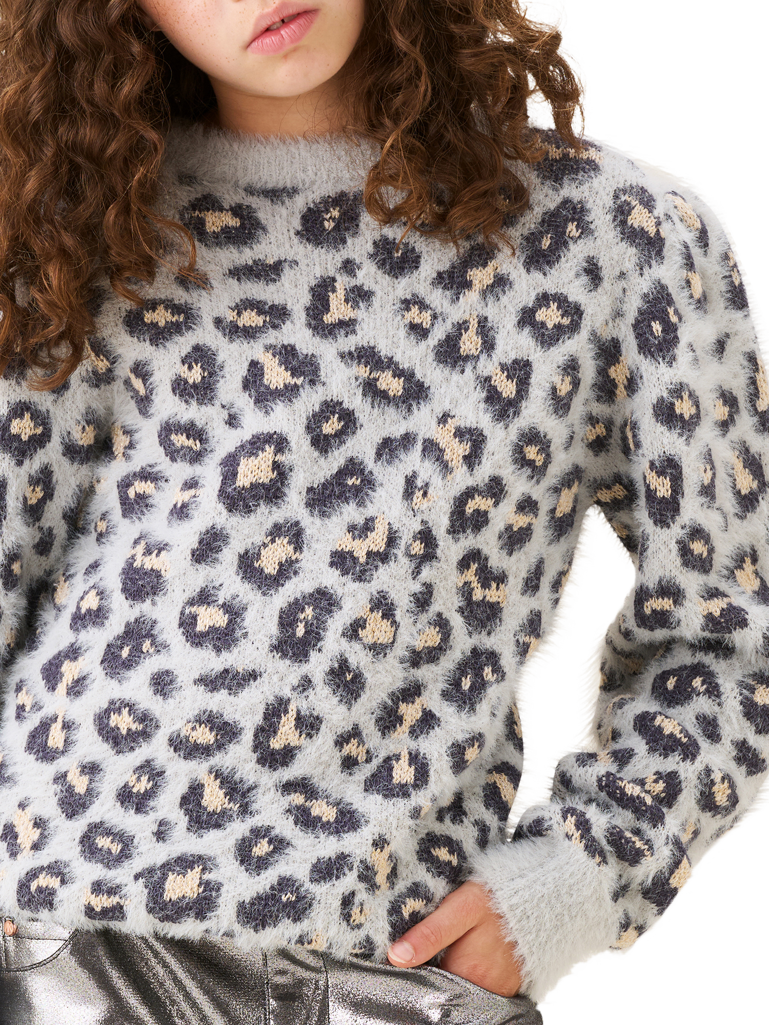 Product image 3 of 7, which shows Angel & Rocket Kids' Leopard Print Eyelash Knit Jumper, Grey, 3-4 years