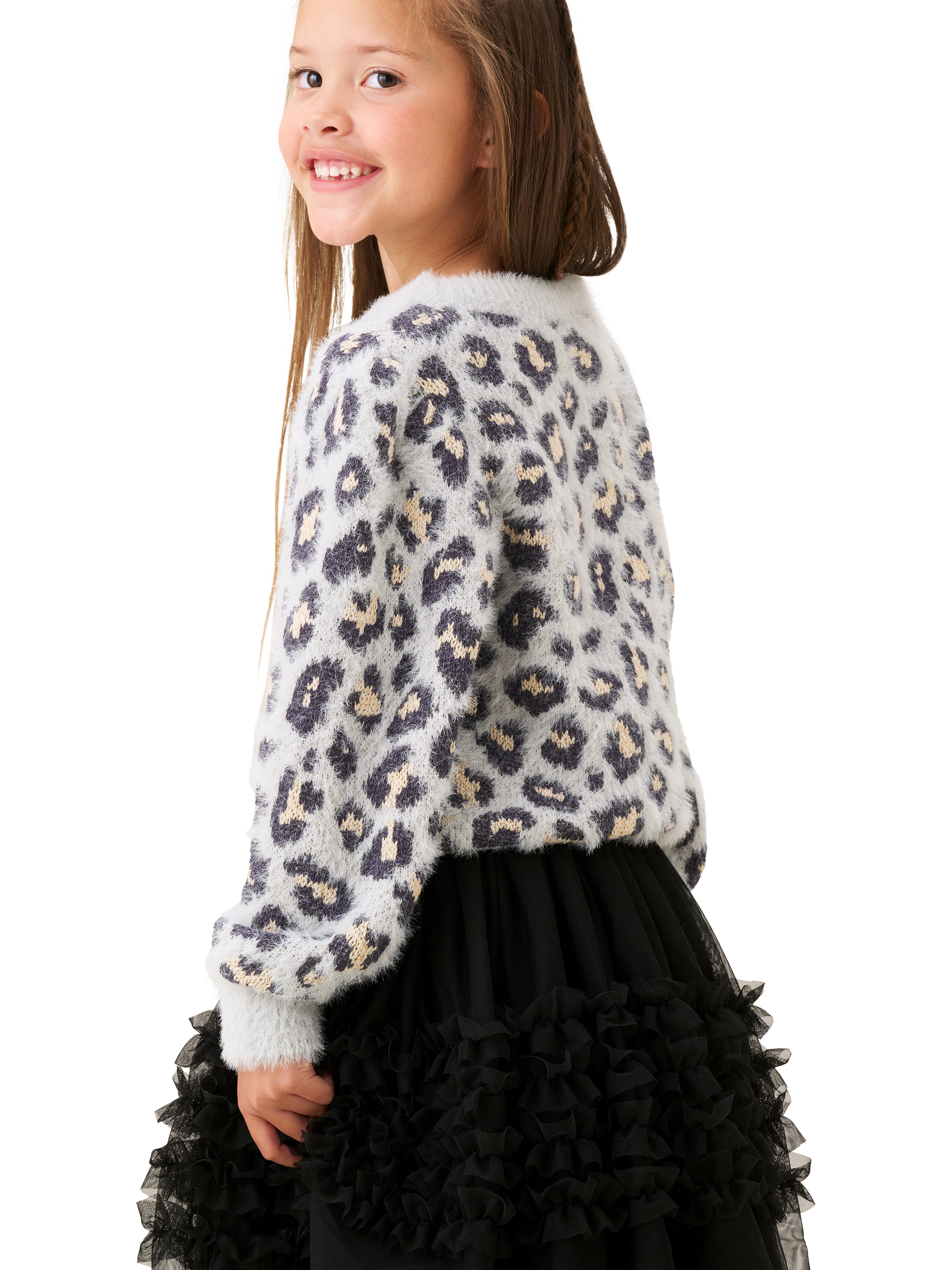Product image 4 of 7, which shows Angel & Rocket Kids' Leopard Print Eyelash Knit Jumper, Grey, 3-4 years
